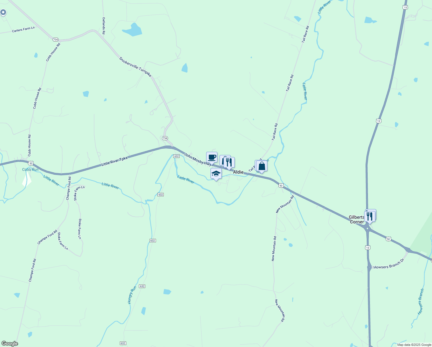 map of restaurants, bars, coffee shops, grocery stores, and more near 39307 John Mosby Hwy in Aldie