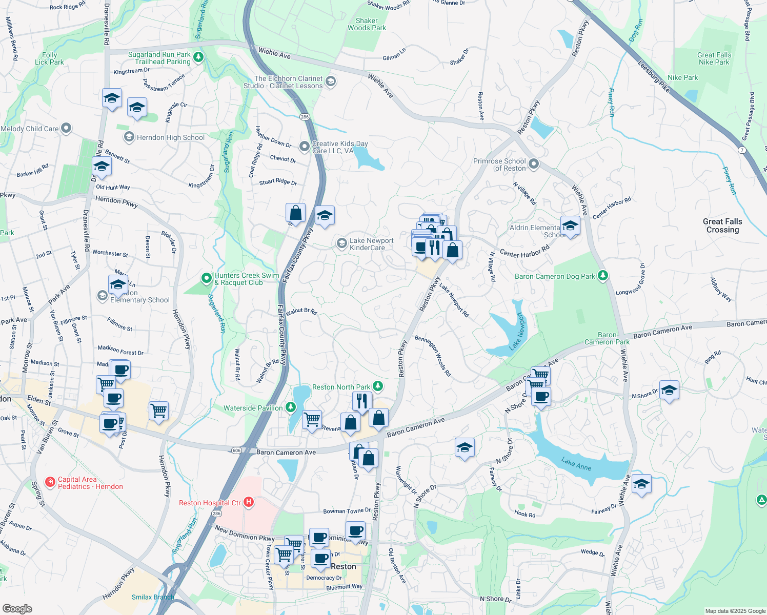 map of restaurants, bars, coffee shops, grocery stores, and more near 1603 Barnstead Drive in Reston