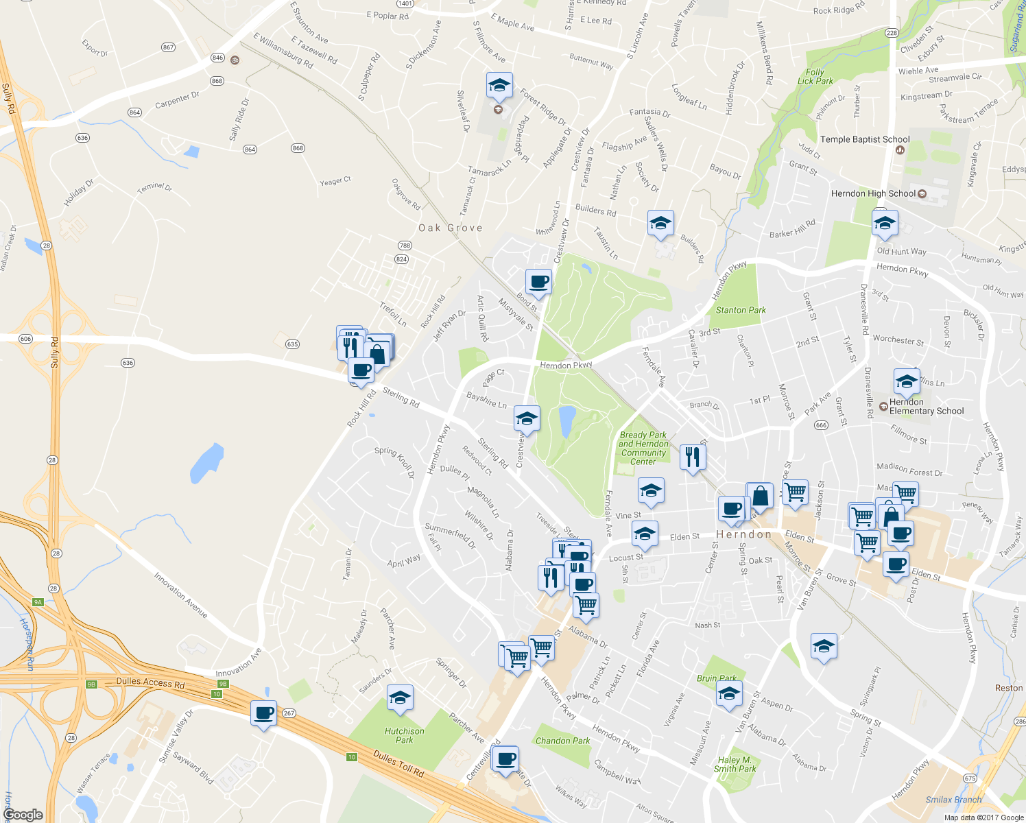 map of restaurants, bars, coffee shops, grocery stores, and more near 1303 Bayshire Lane in Herndon