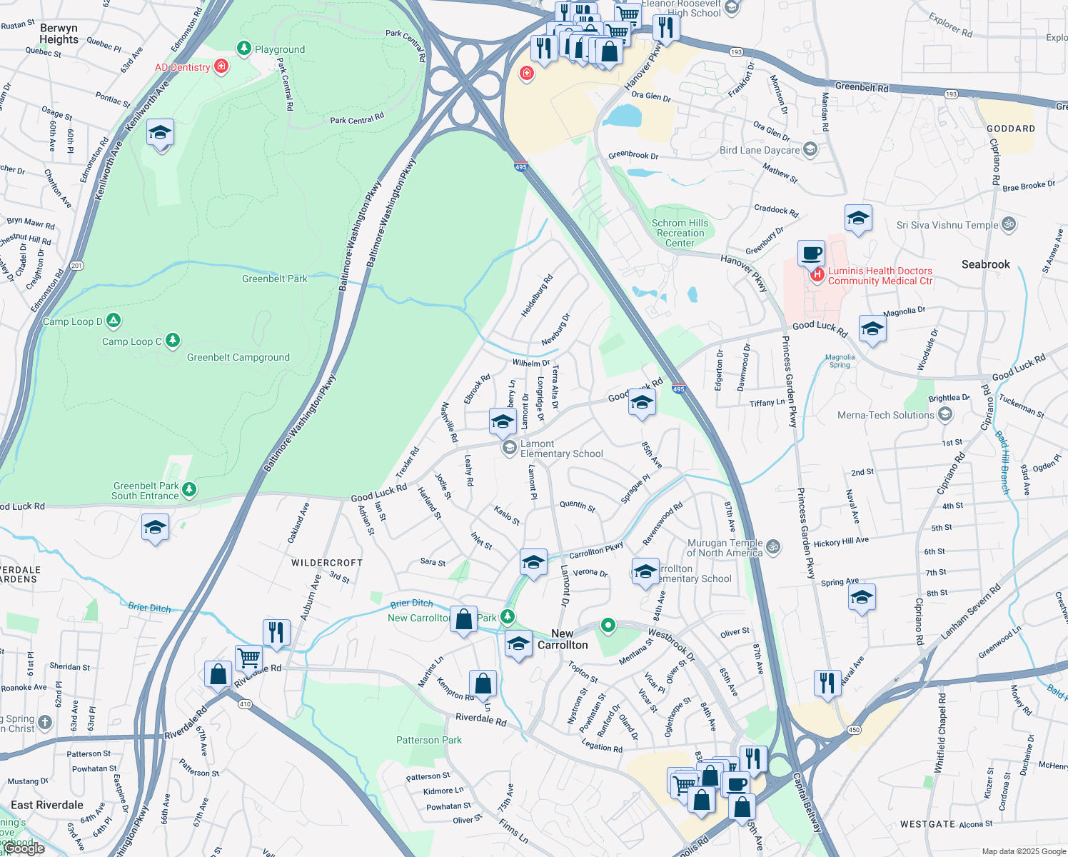 map of restaurants, bars, coffee shops, grocery stores, and more near 7202 Good Luck Road in Lanham