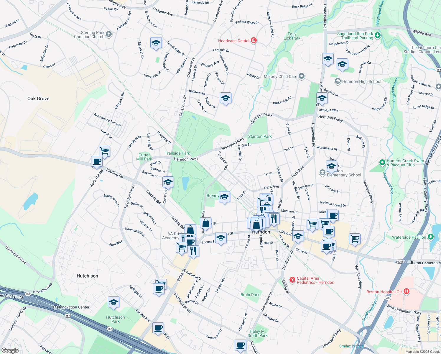 map of restaurants, bars, coffee shops, grocery stores, and more near 963 Barton Oaks Pl in Herndon