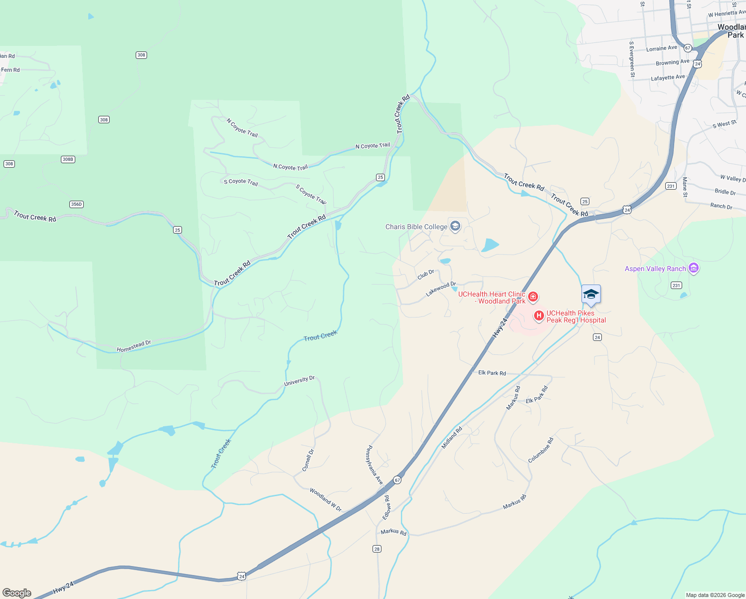 map of restaurants, bars, coffee shops, grocery stores, and more near 181 Honey Hill Lane in Woodland Park