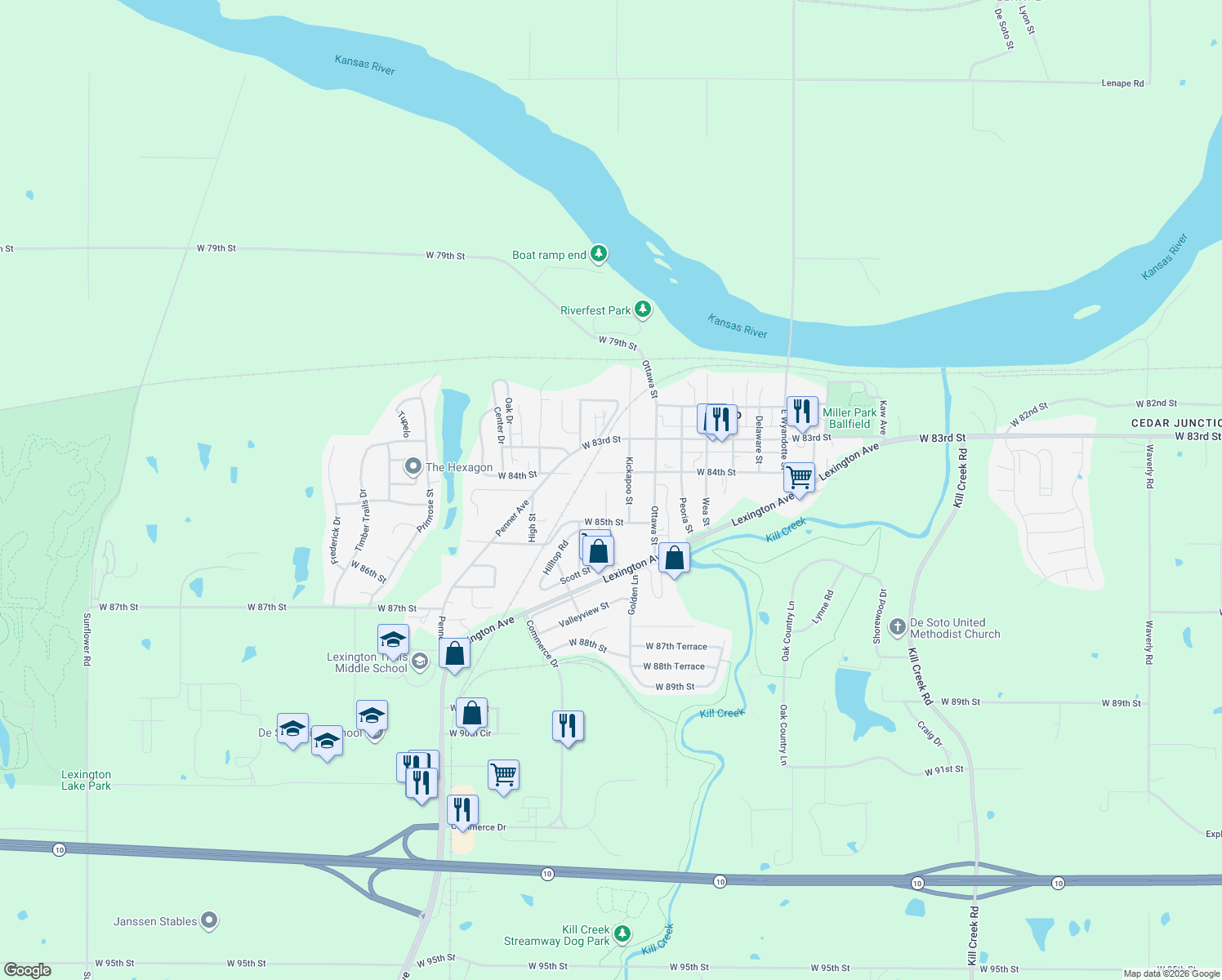 map of restaurants, bars, coffee shops, grocery stores, and more near 8425 Dicken Ave in De Soto
