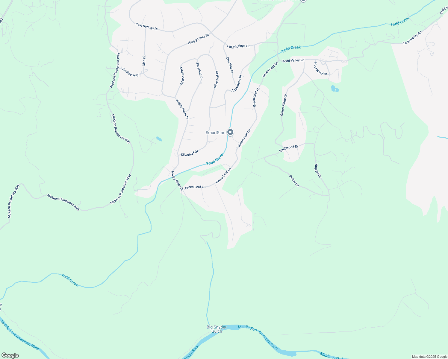 map of restaurants, bars, coffee shops, grocery stores, and more near 6435 Green Leaf Lane in Foresthill