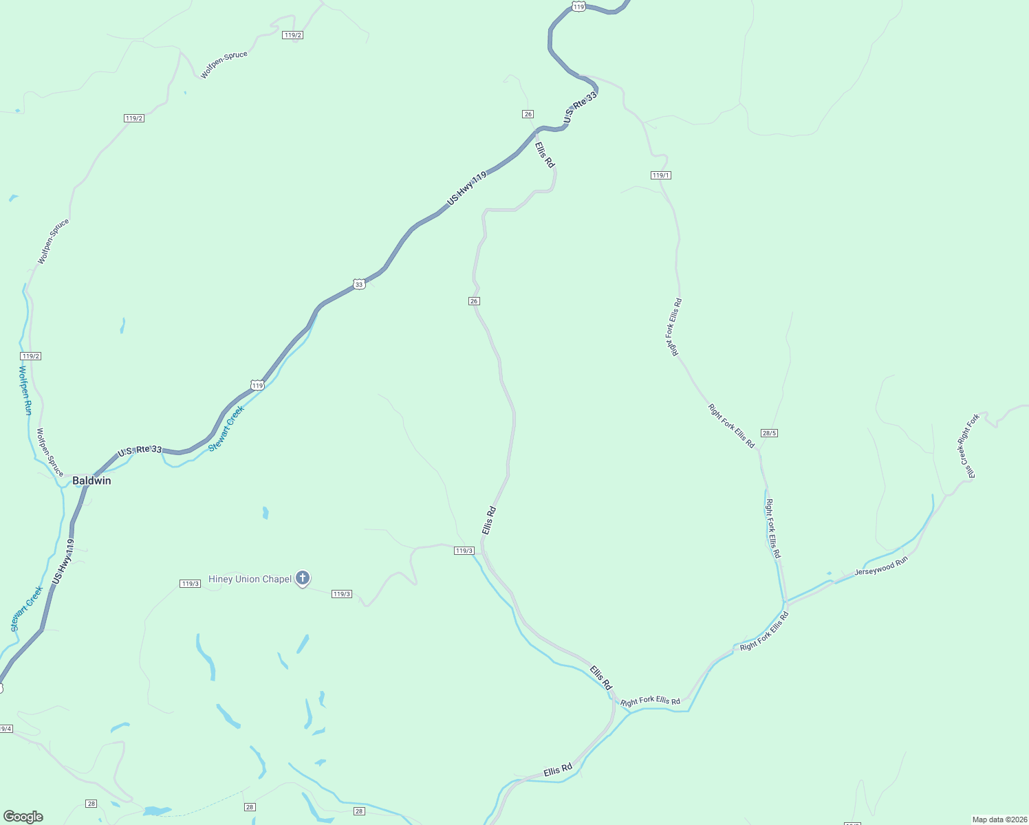 map of restaurants, bars, coffee shops, grocery stores, and more near County Route 26 in Gilmer