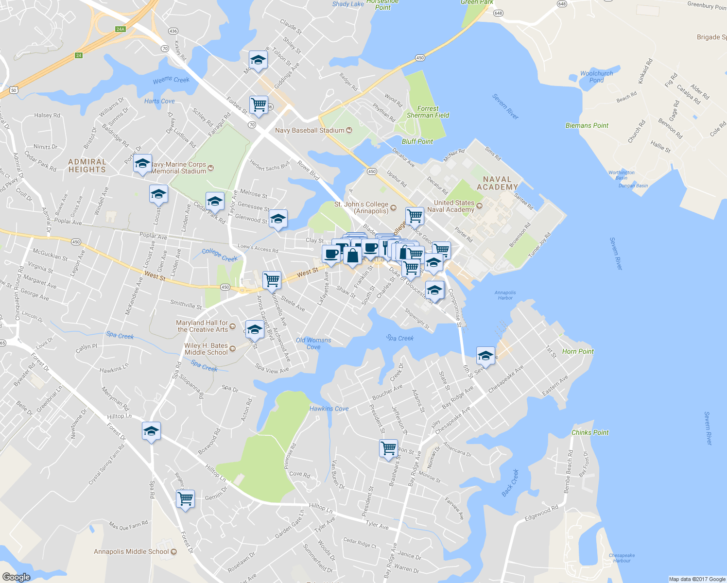 map of restaurants, bars, coffee shops, grocery stores, and more near 51 Richards Lane in Annapolis