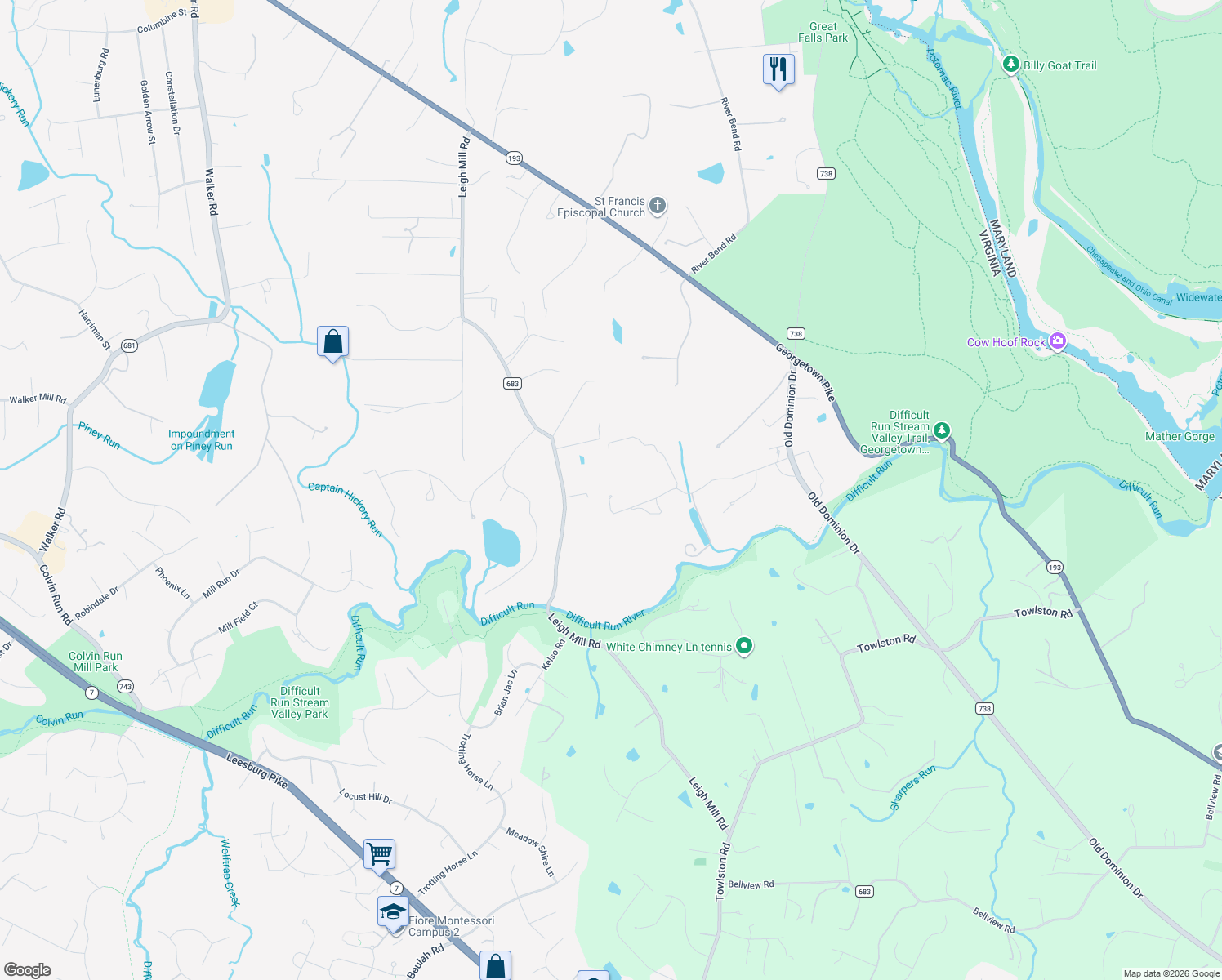 map of restaurants, bars, coffee shops, grocery stores, and more near 9200 Falls Run Road in McLean