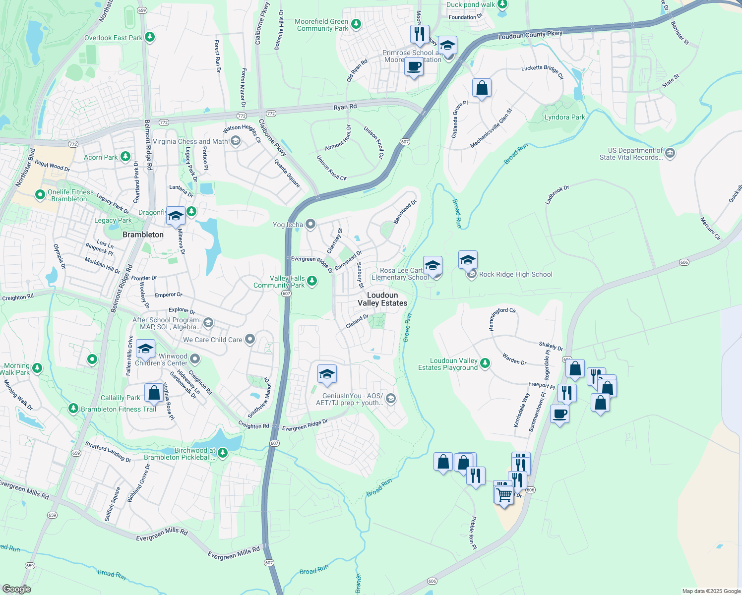 map of restaurants, bars, coffee shops, grocery stores, and more near 23158 Flora Mure Drive in Ashburn