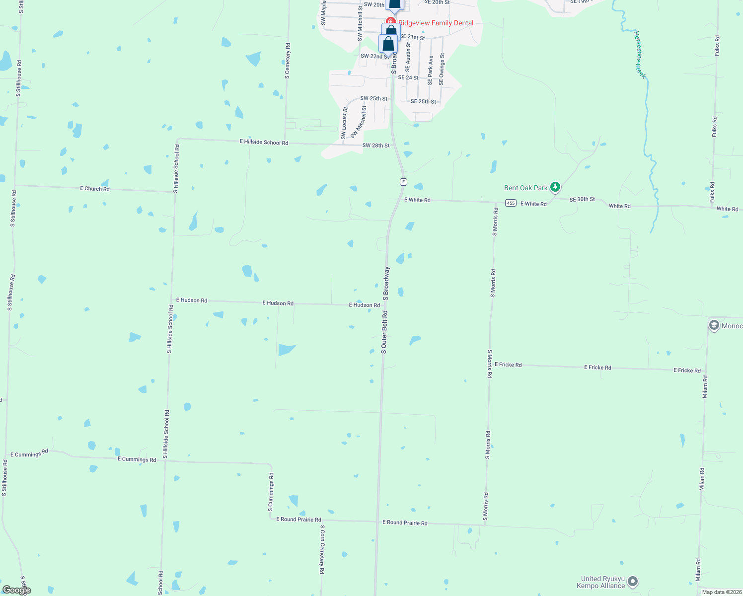 map of restaurants, bars, coffee shops, grocery stores, and more near 38708 East Hudson Road in Oak Grove