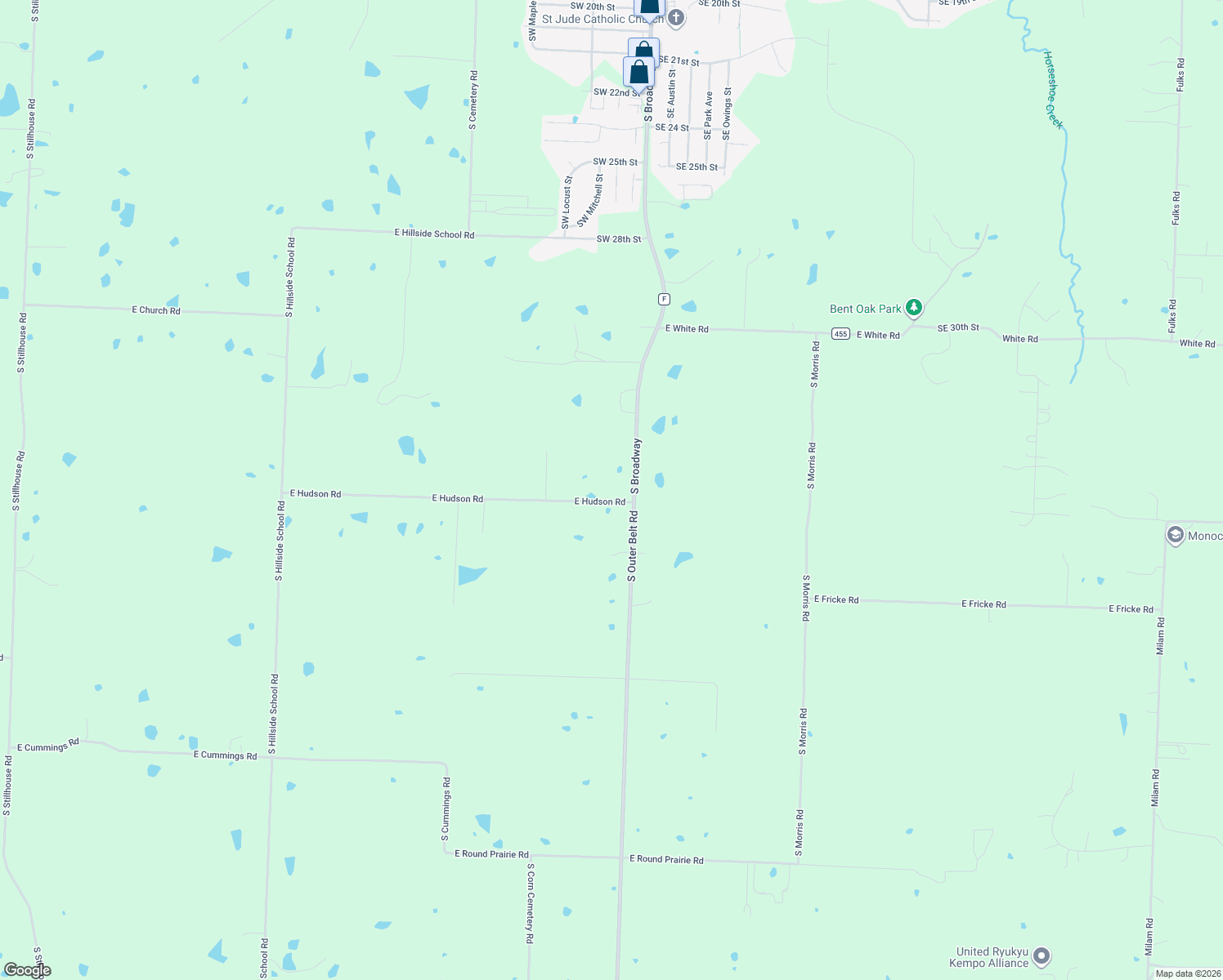map of restaurants, bars, coffee shops, grocery stores, and more near 38708 East Hudson Road in Oak Grove