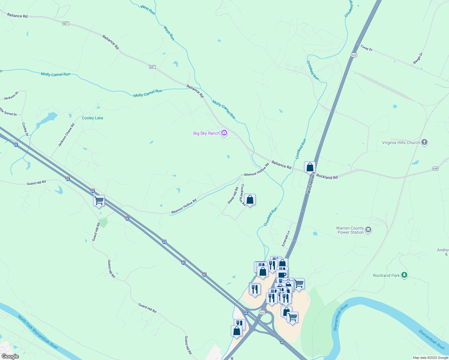 map of restaurants, bars, coffee shops, grocery stores, and more near Ritenour Hollow Road in Warren County