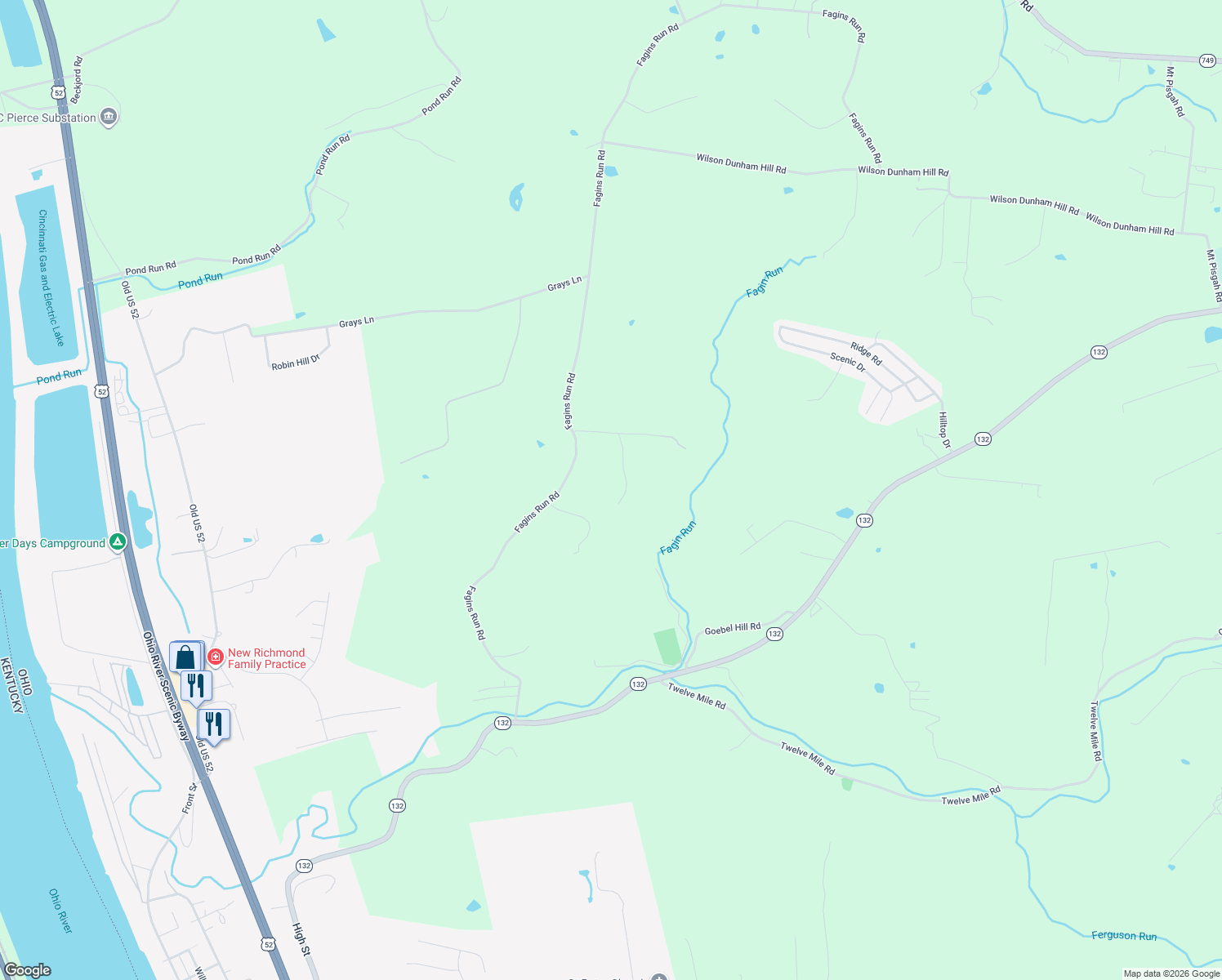 map of restaurants, bars, coffee shops, grocery stores, and more near 3790 Fagins Run Loop Road in New Richmond