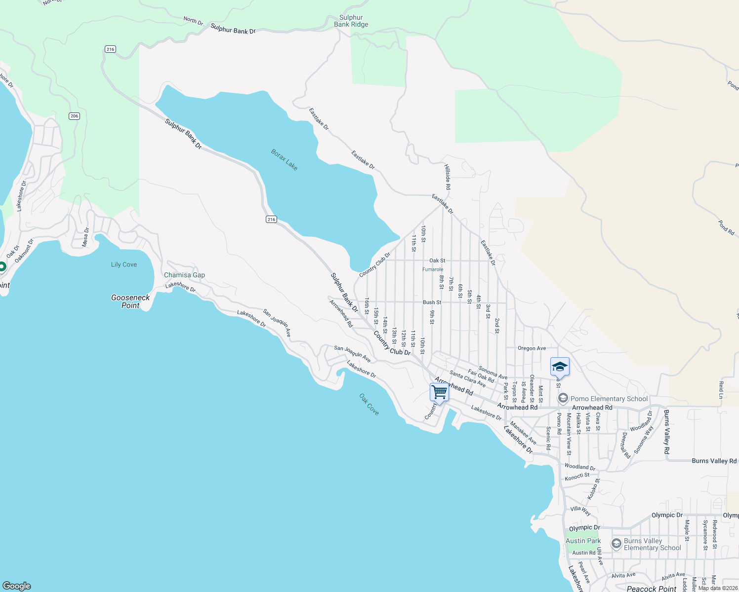 map of restaurants, bars, coffee shops, grocery stores, and more near 3172 16th Street in Clearlake