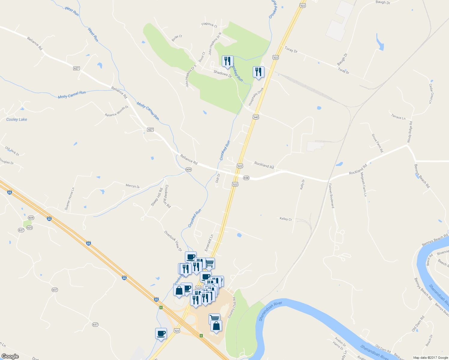 map of restaurants, bars, coffee shops, grocery stores, and more near Garland Drive in Front Royal