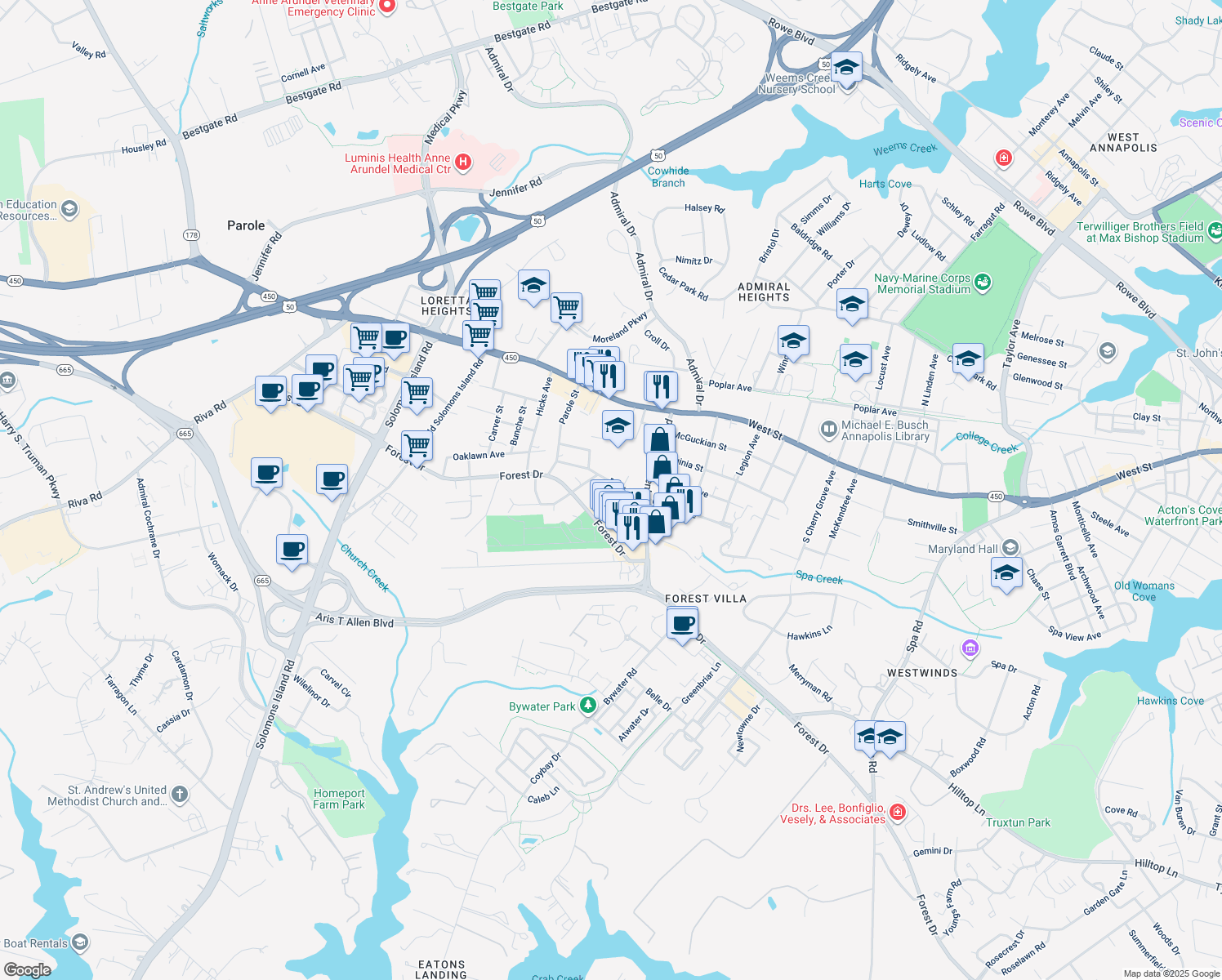 map of restaurants, bars, coffee shops, grocery stores, and more near 1831 Drew Street in Annapolis
