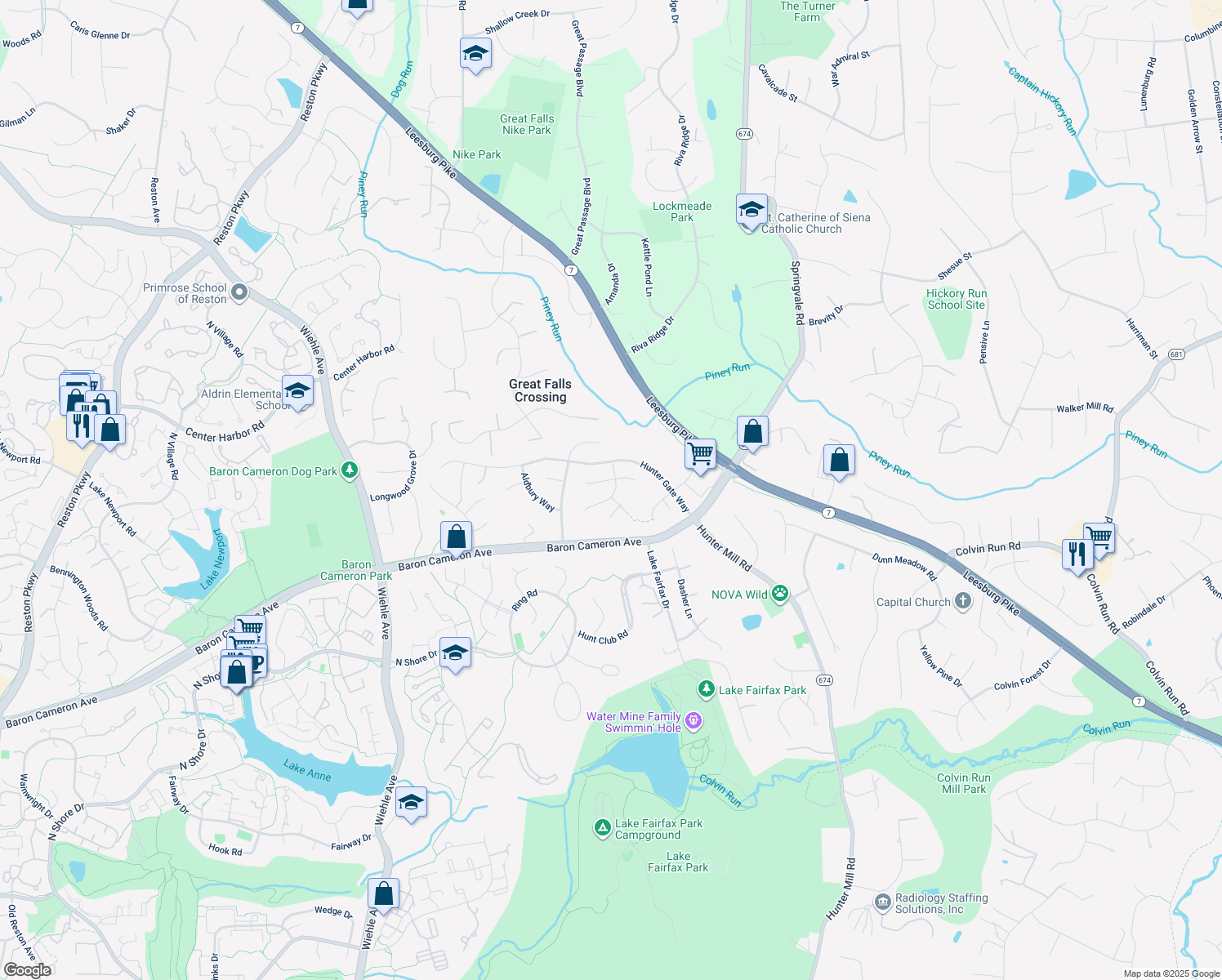 map of restaurants, bars, coffee shops, grocery stores, and more near 1310 Murray Downs Way in Reston
