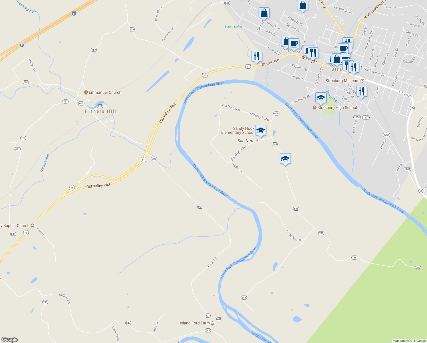 map of restaurants, bars, coffee shops, grocery stores, and more near 409 Stickley Loop in Strasburg