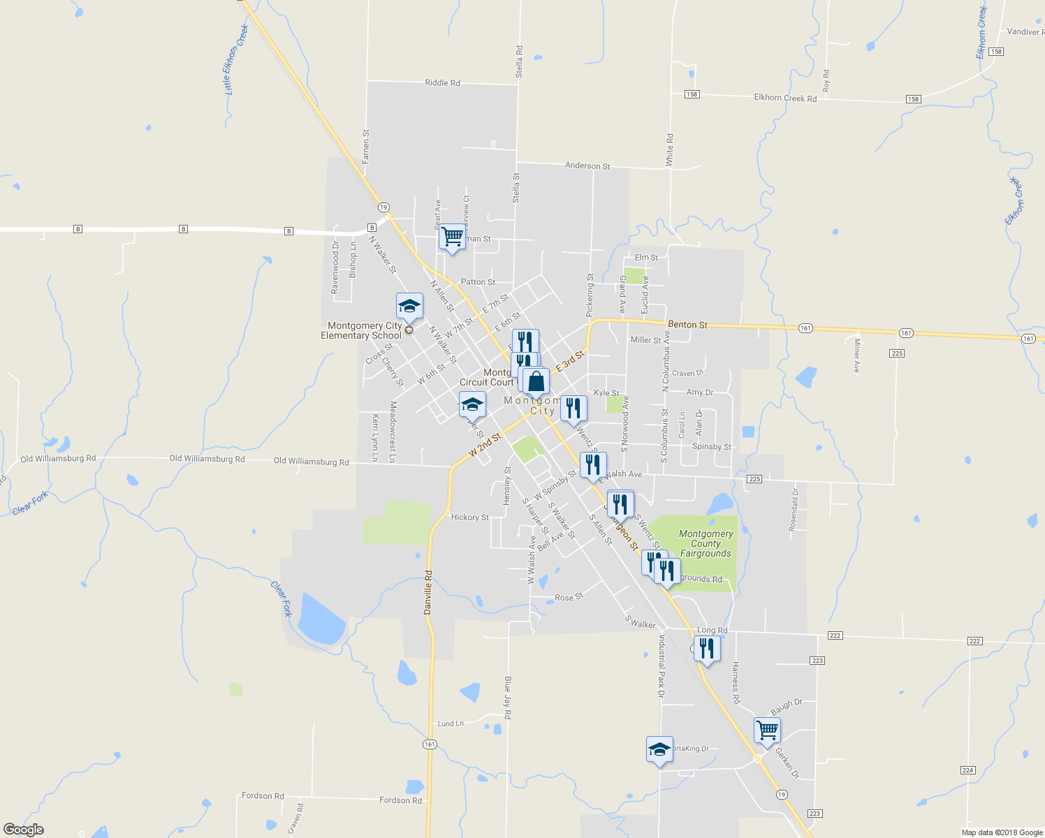 map of restaurants, bars, coffee shops, grocery stores, and more near 204 West 2nd Street in Montgomery City
