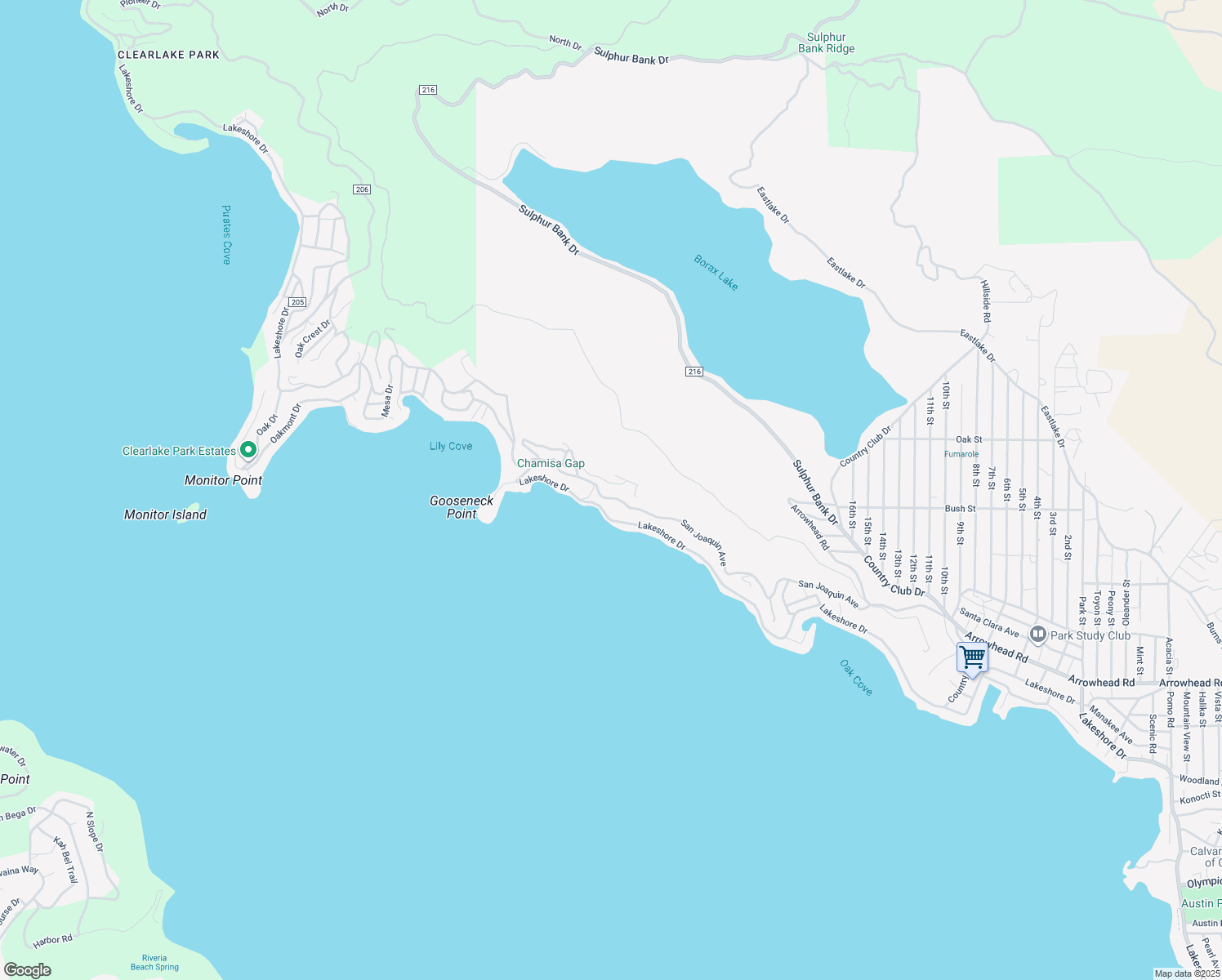 map of restaurants, bars, coffee shops, grocery stores, and more near 12390 Terrace Drive in Clearlake