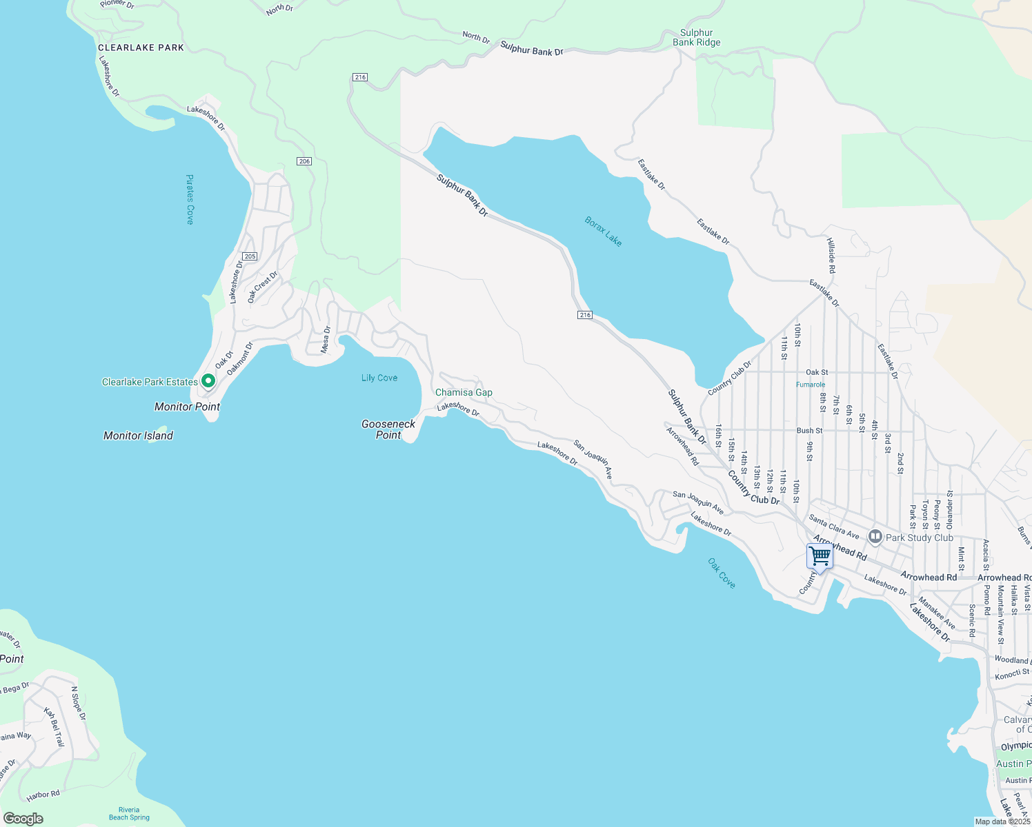 map of restaurants, bars, coffee shops, grocery stores, and more near 12390 Terrace Drive in Clearlake