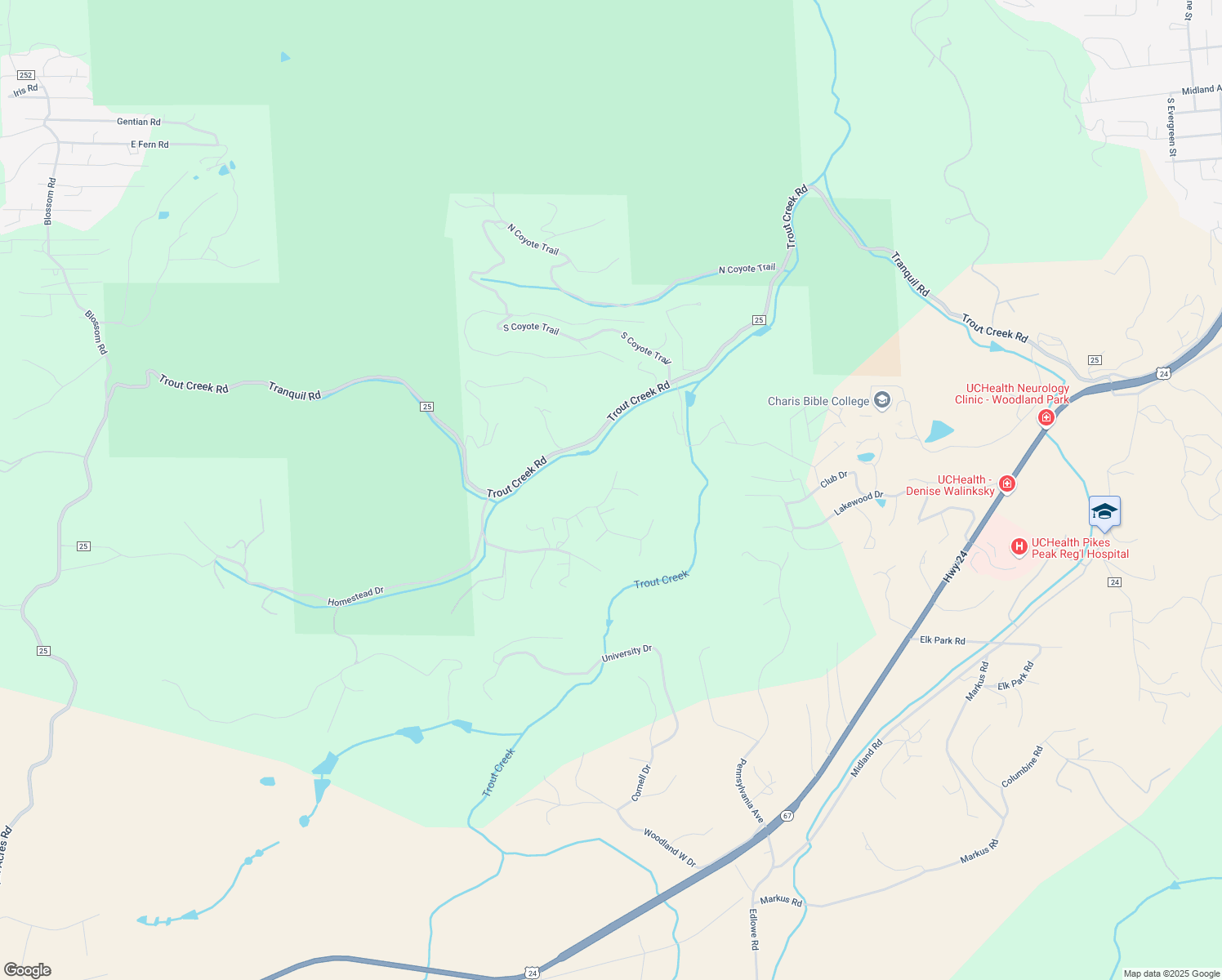 map of restaurants, bars, coffee shops, grocery stores, and more near 231 Summit Road in Woodland Park