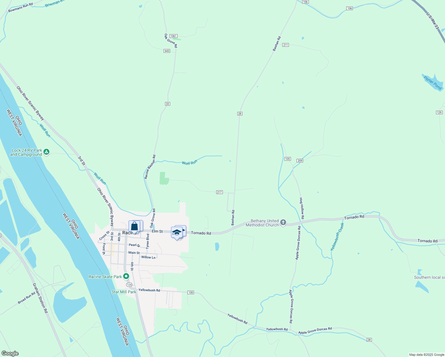 map of restaurants, bars, coffee shops, grocery stores, and more near 32431 Cr 403 Minersville Road in Racine