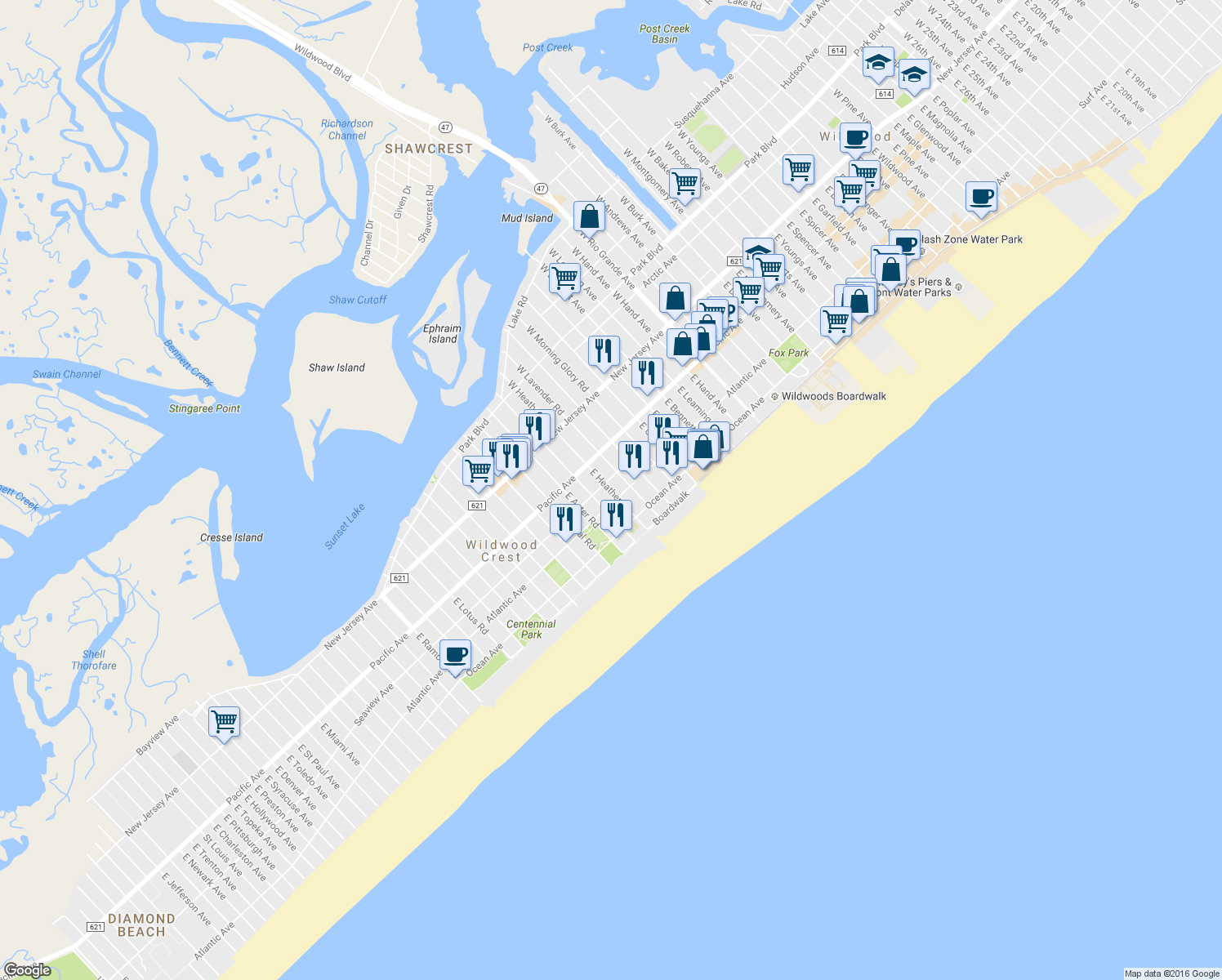 map of restaurants, bars, coffee shops, grocery stores, and more near 307 East Heather Road in Wildwood Crest