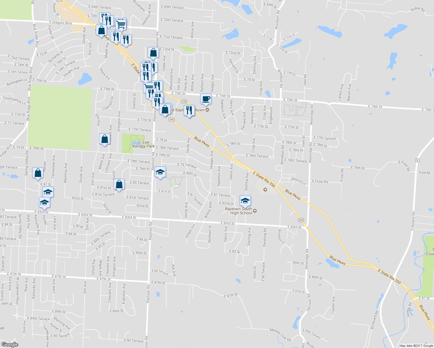 map of restaurants, bars, coffee shops, grocery stores, and more near 7908 Appleton Avenue in Raytown