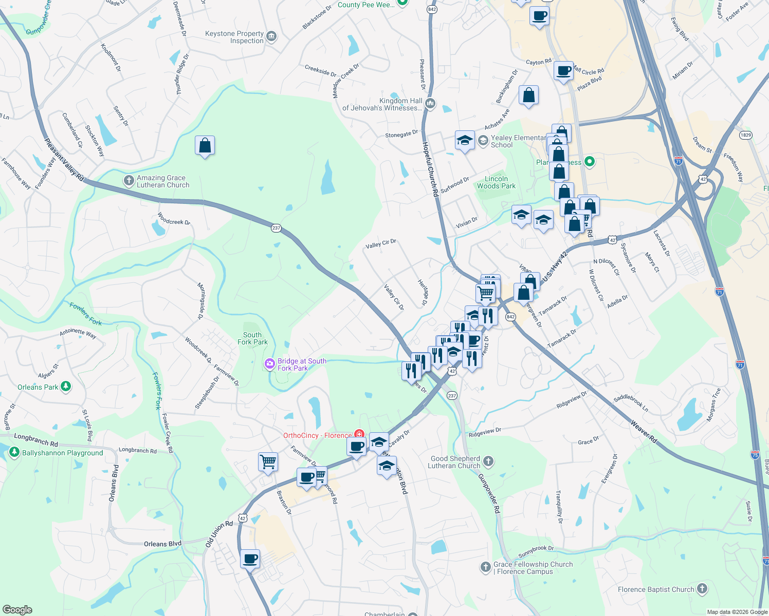 map of restaurants, bars, coffee shops, grocery stores, and more near 8404 Pleasant Valley Rd in Florence