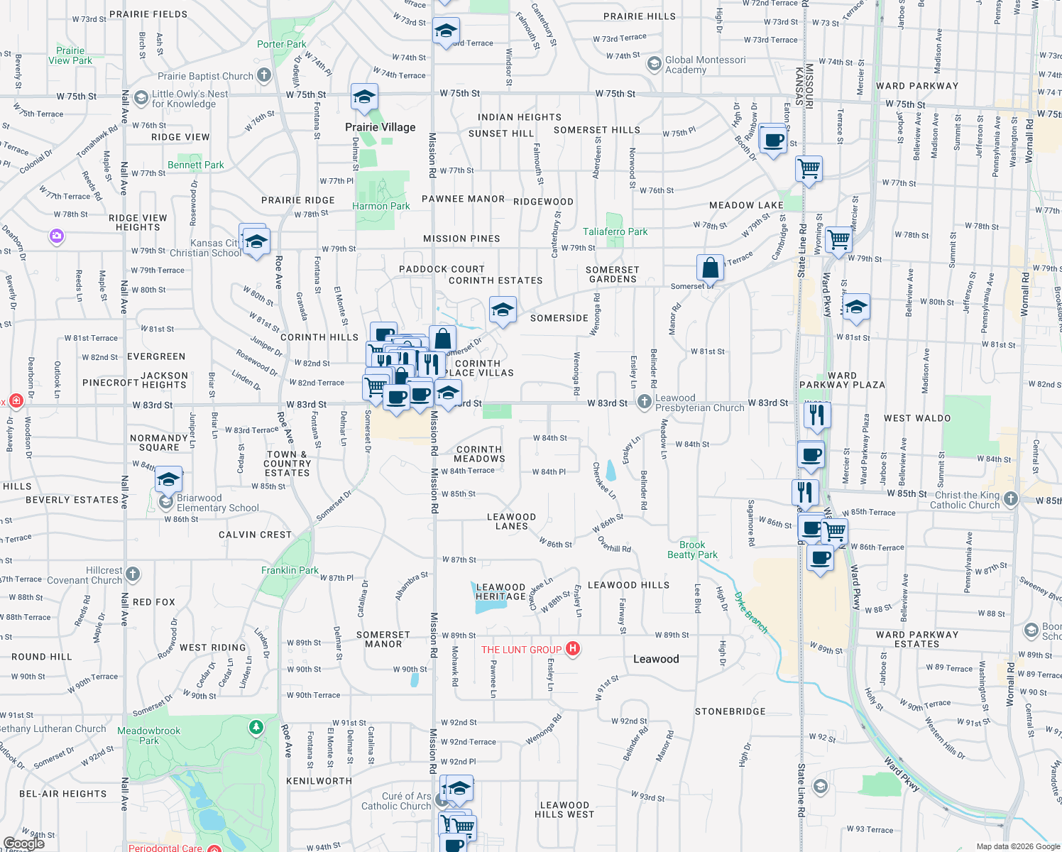 map of restaurants, bars, coffee shops, grocery stores, and more near 3207 West 83rd Terrace in Leawood