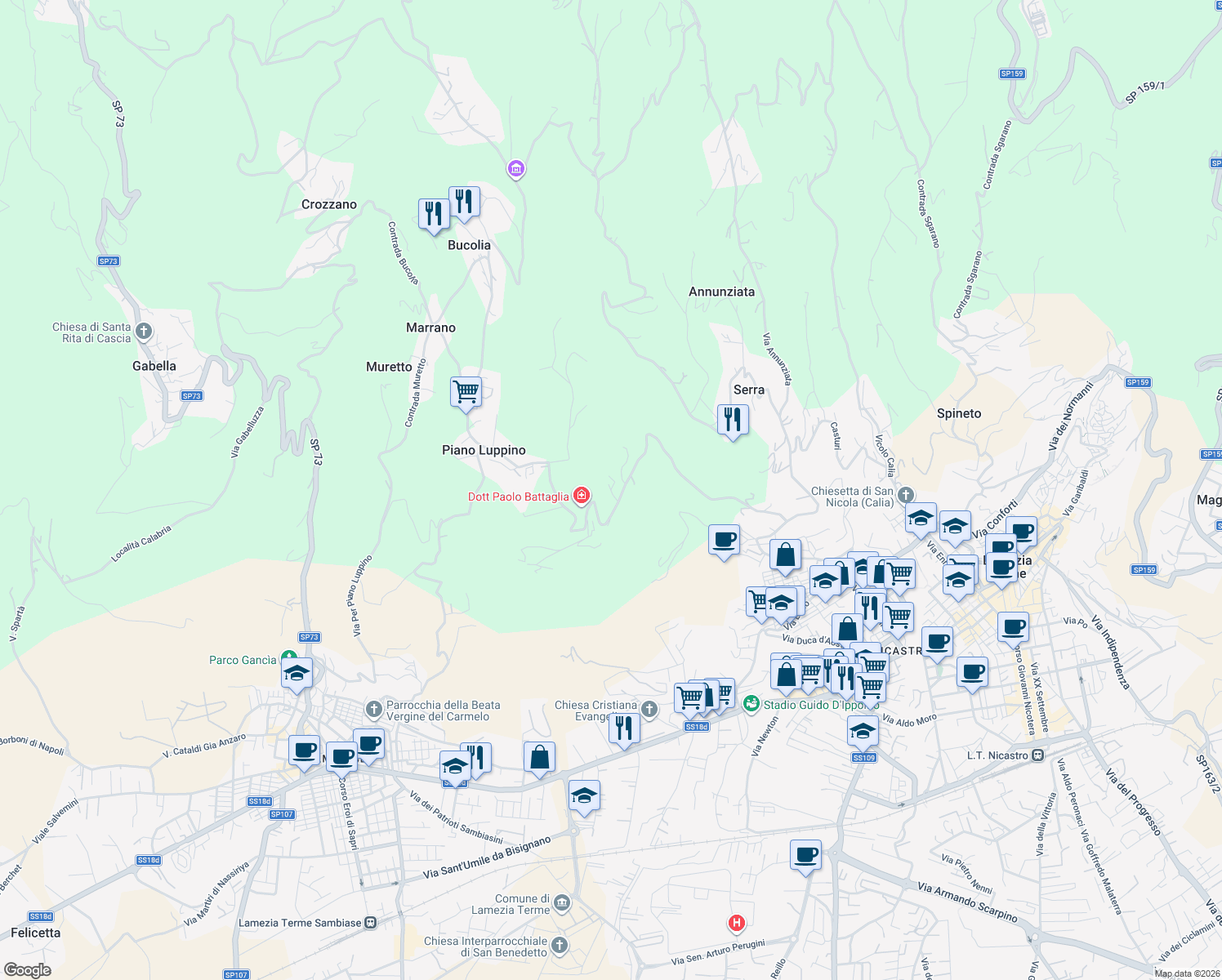 map of restaurants, bars, coffee shops, grocery stores, and more near 28 Contrada Canneto Fragale in Provincia di Catanzaro