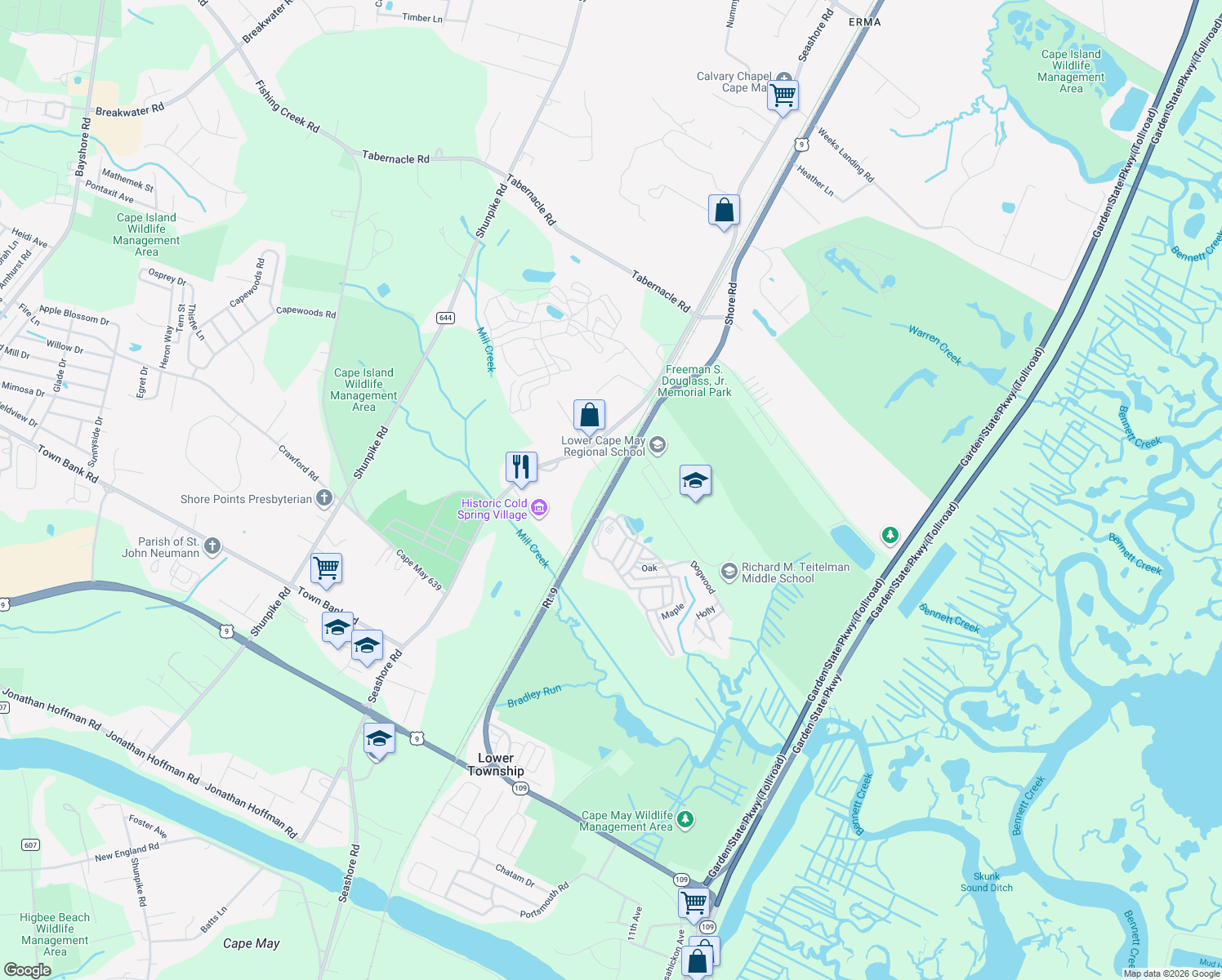 map of restaurants, bars, coffee shops, grocery stores, and more near 699 Shore Rd in Cape May