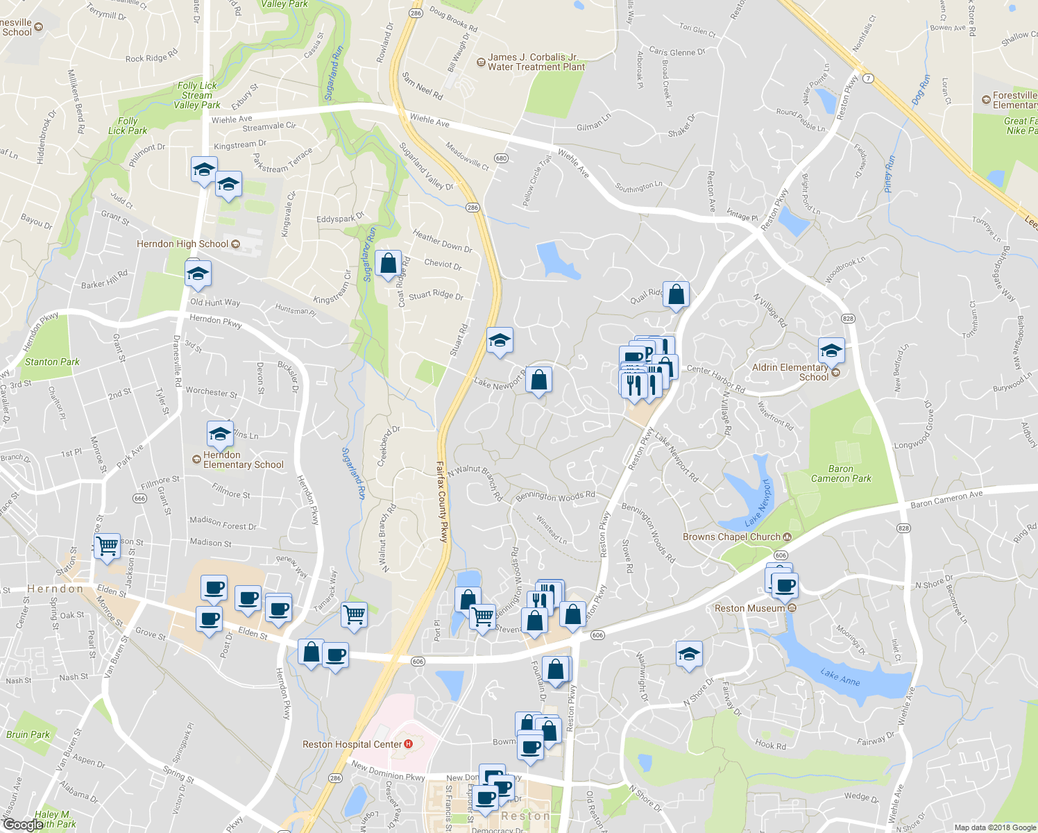 map of restaurants, bars, coffee shops, grocery stores, and more near 1555 Autumn Ridge Circle in Reston