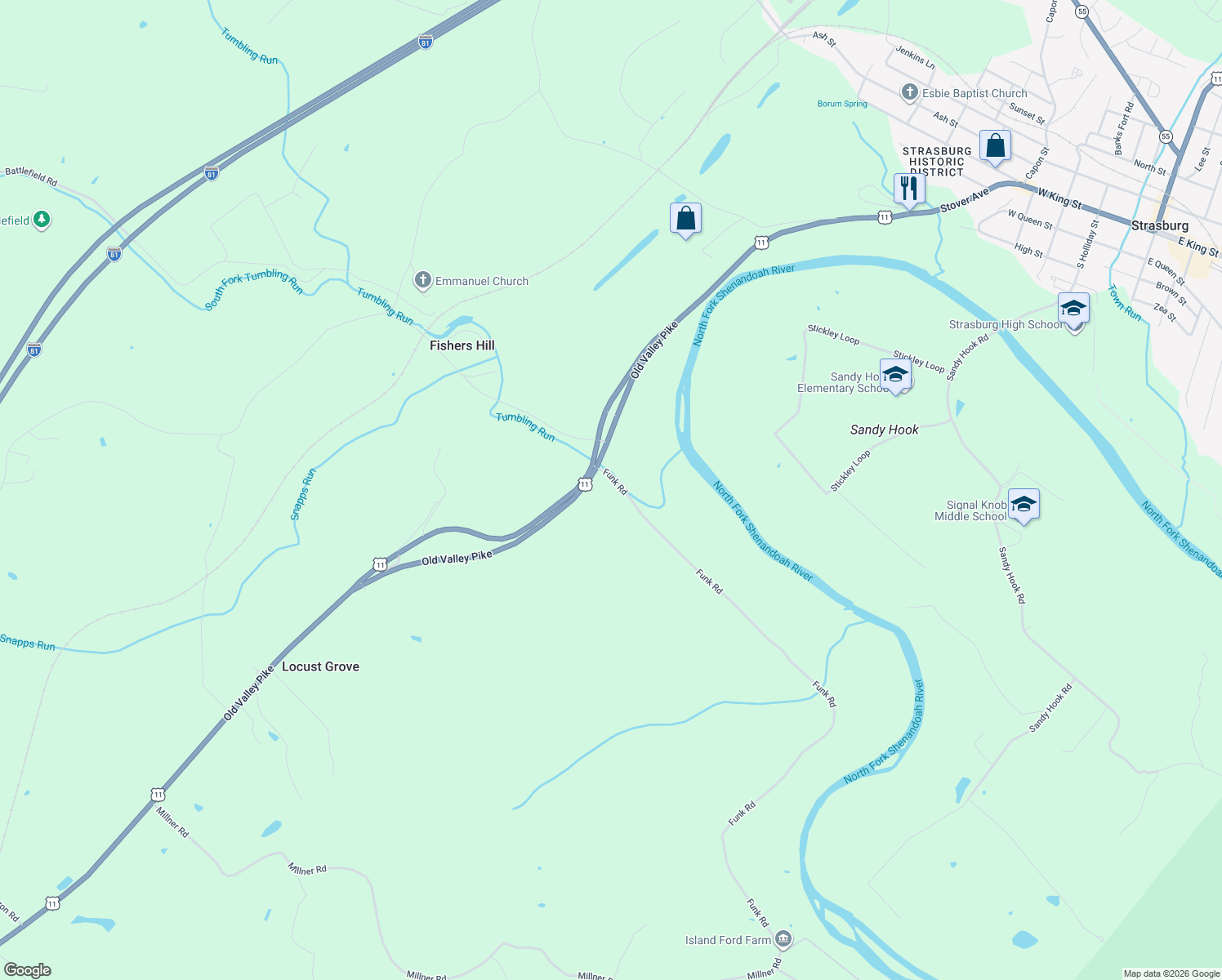 map of restaurants, bars, coffee shops, grocery stores, and more near 84 Funk Road in Strasburg