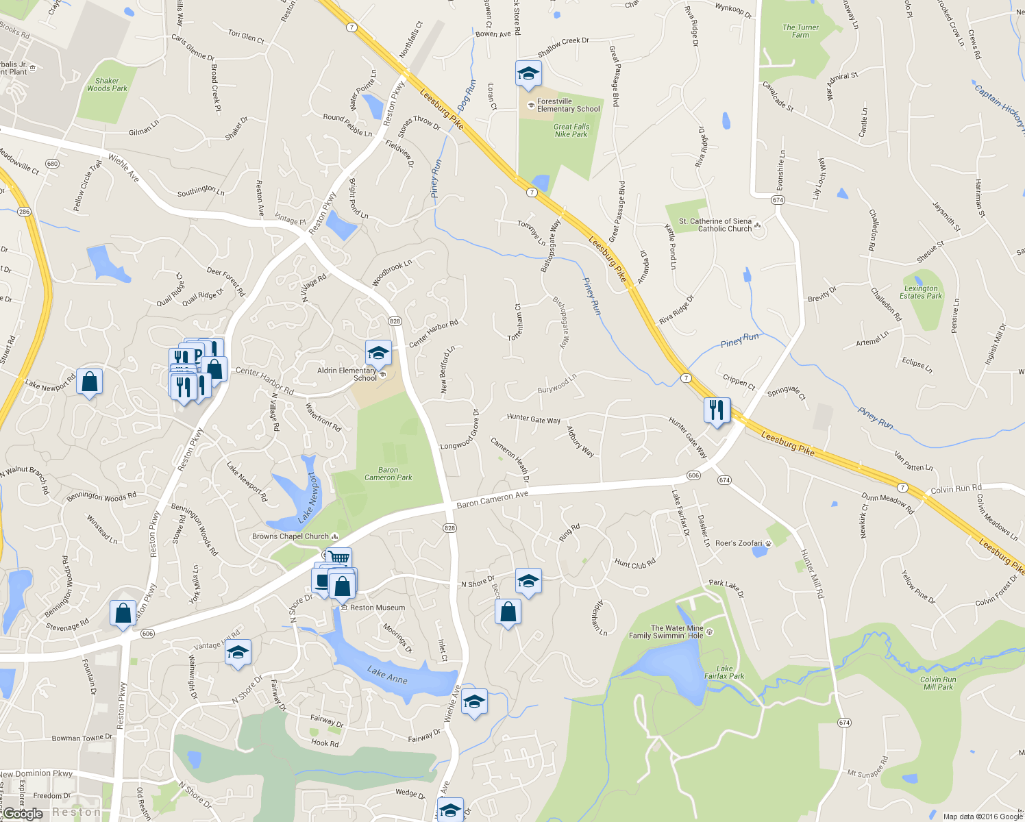 map of restaurants, bars, coffee shops, grocery stores, and more near 10928 Hunter Gate Way in Reston