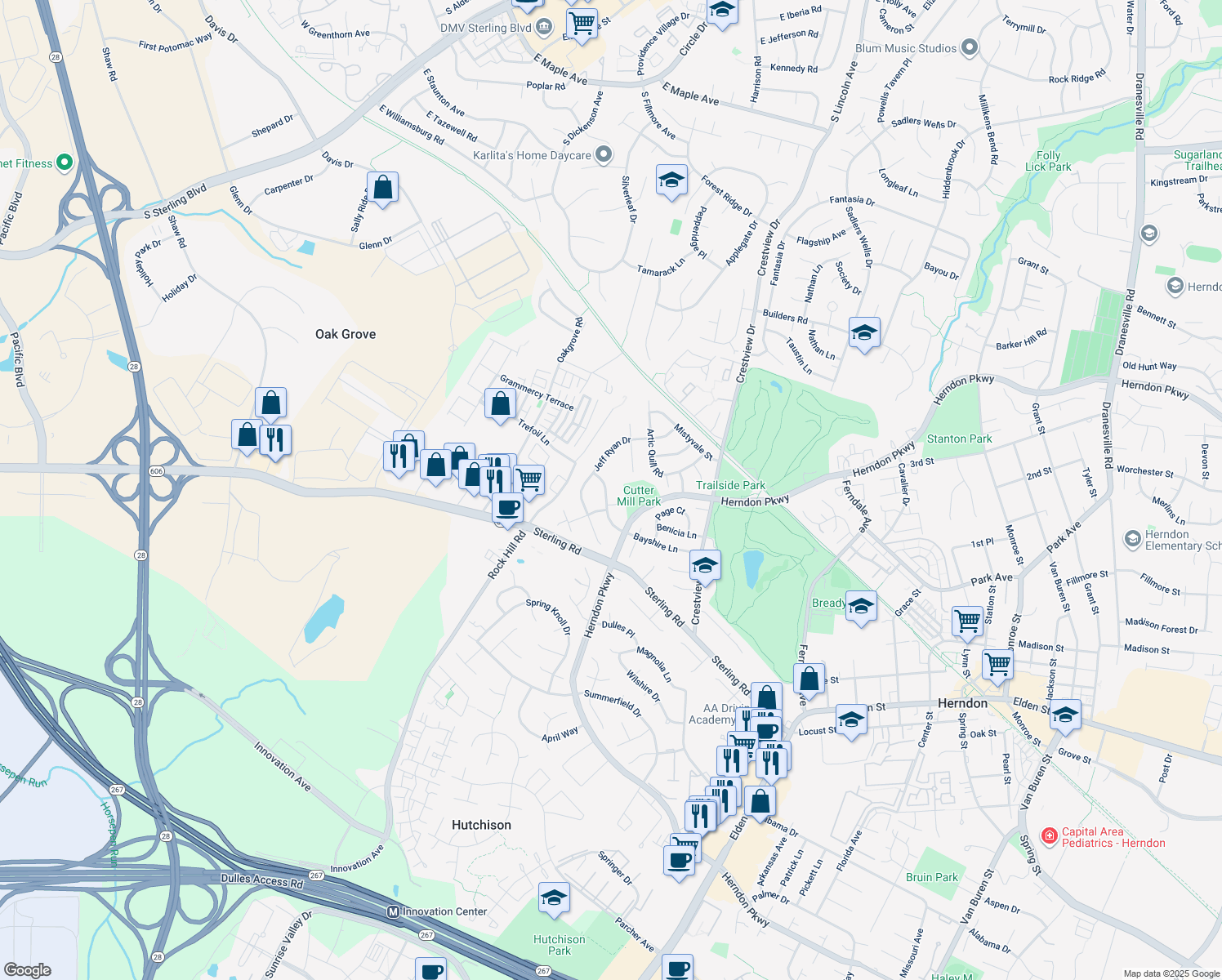 map of restaurants, bars, coffee shops, grocery stores, and more near 1420 Bayshire Lane in Herndon