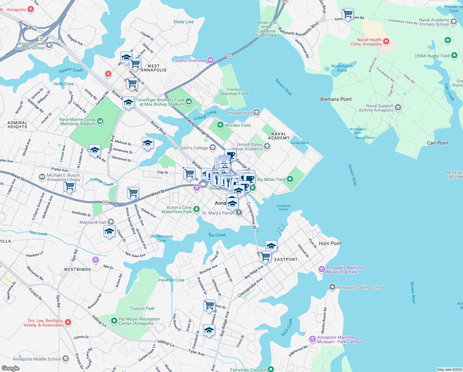 map of restaurants, bars, coffee shops, grocery stores, and more near 39 Cornhill Street in Annapolis
