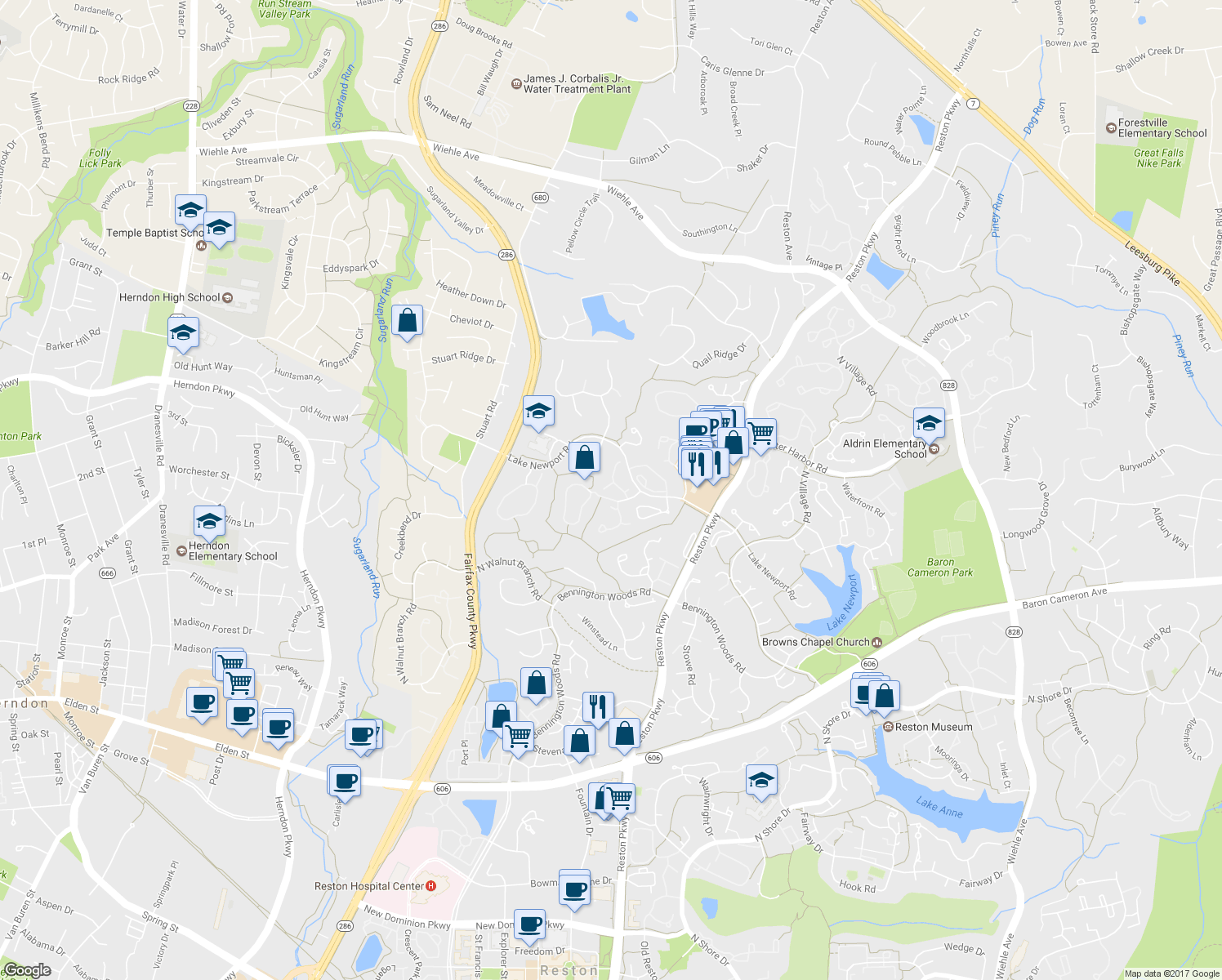 map of restaurants, bars, coffee shops, grocery stores, and more near 1578 Woodcrest Drive in Reston