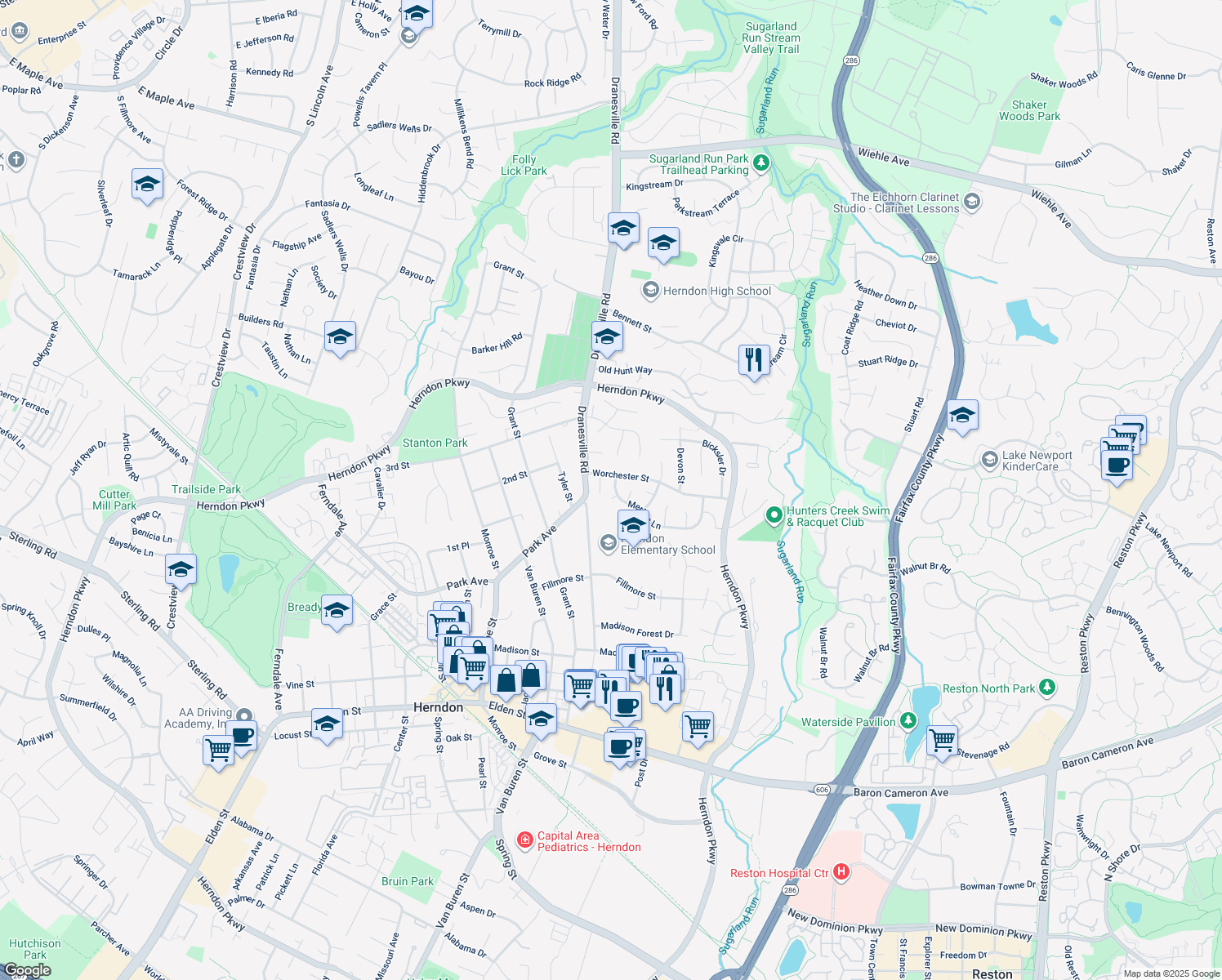 map of restaurants, bars, coffee shops, grocery stores, and more near 619 Merlins Lane in Herndon