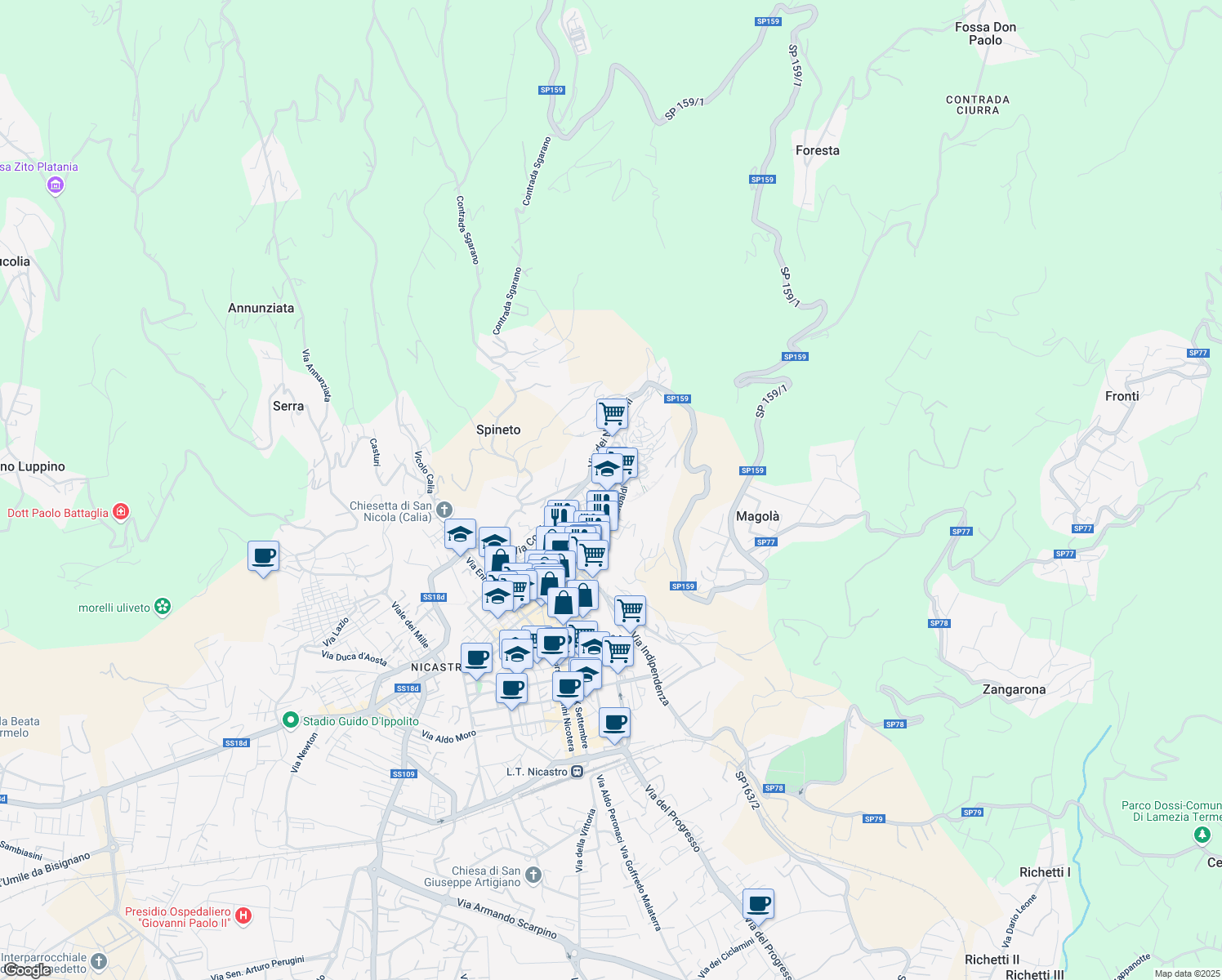 map of restaurants, bars, coffee shops, grocery stores, and more near 3 Via Federico II in Lamezia Terme