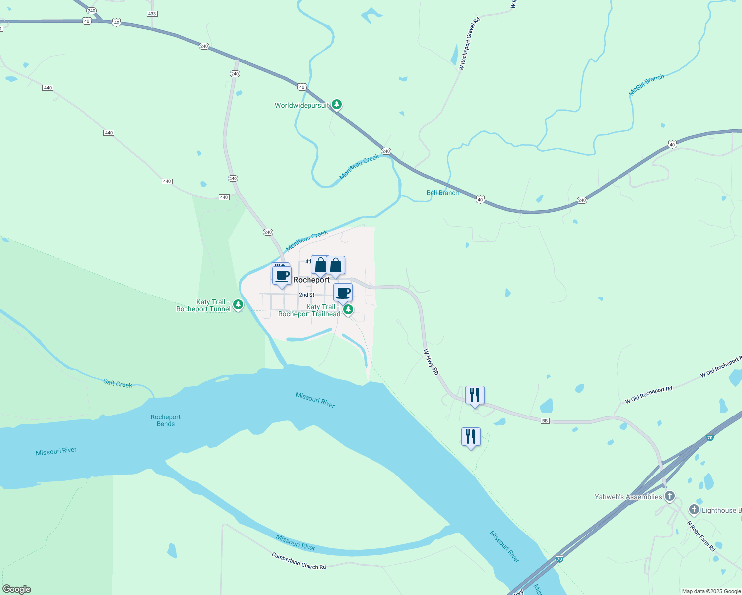 map of restaurants, bars, coffee shops, grocery stores, and more near 900 2nd Street in Rocheport