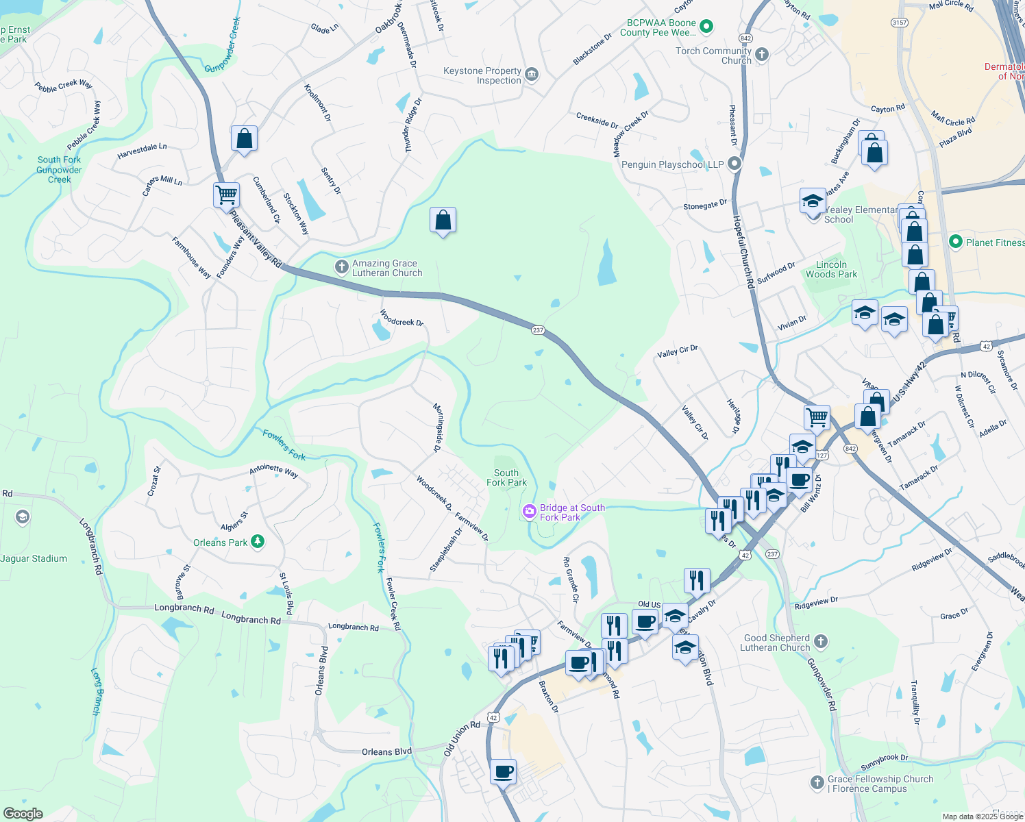 map of restaurants, bars, coffee shops, grocery stores, and more near 8714 Skyview Dr in Florence