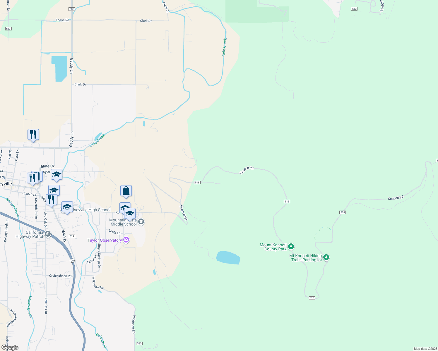 map of restaurants, bars, coffee shops, grocery stores, and more near 5685 Konocti Road in Kelseyville