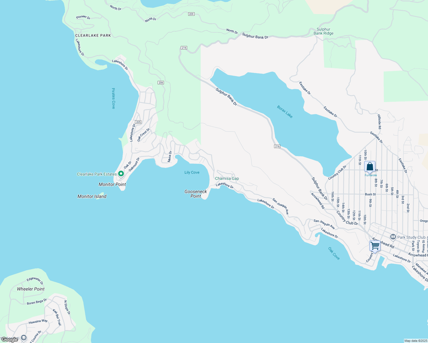 map of restaurants, bars, coffee shops, grocery stores, and more near 11480 San Joaquin Avenue in Clearlake