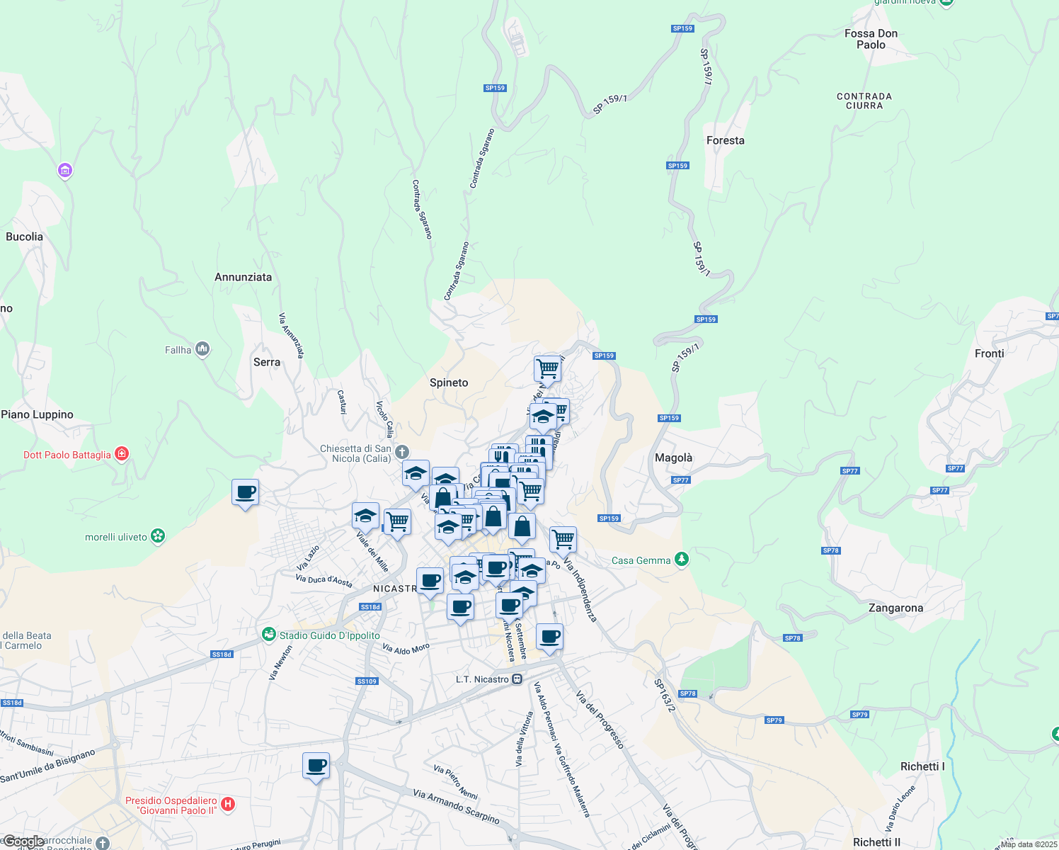 map of restaurants, bars, coffee shops, grocery stores, and more near 3 Via Federico II in Lamezia Terme