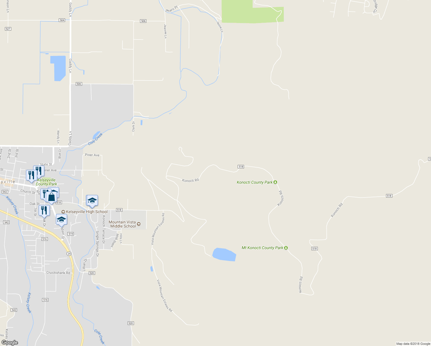 map of restaurants, bars, coffee shops, grocery stores, and more near 5685 Konocti Road in Kelseyville