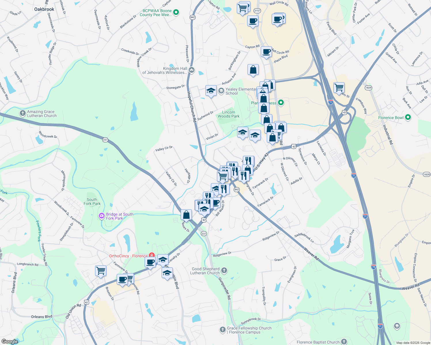 map of restaurants, bars, coffee shops, grocery stores, and more near 7861 Hopeful Church Road in Florence