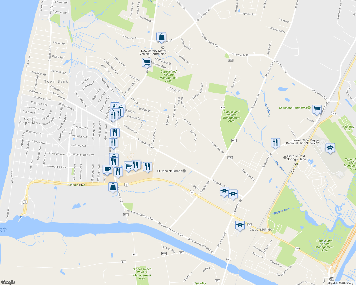 map of restaurants, bars, coffee shops, grocery stores, and more near 21 Summer Circle in Cape May