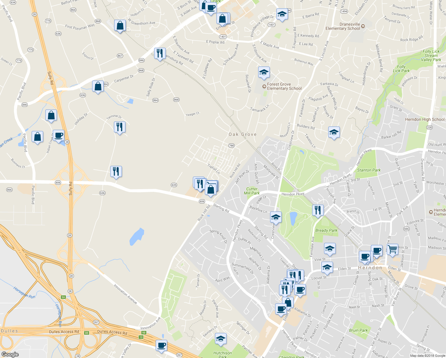 map of restaurants, bars, coffee shops, grocery stores, and more near 46073 Trefoil Lane in Sterling