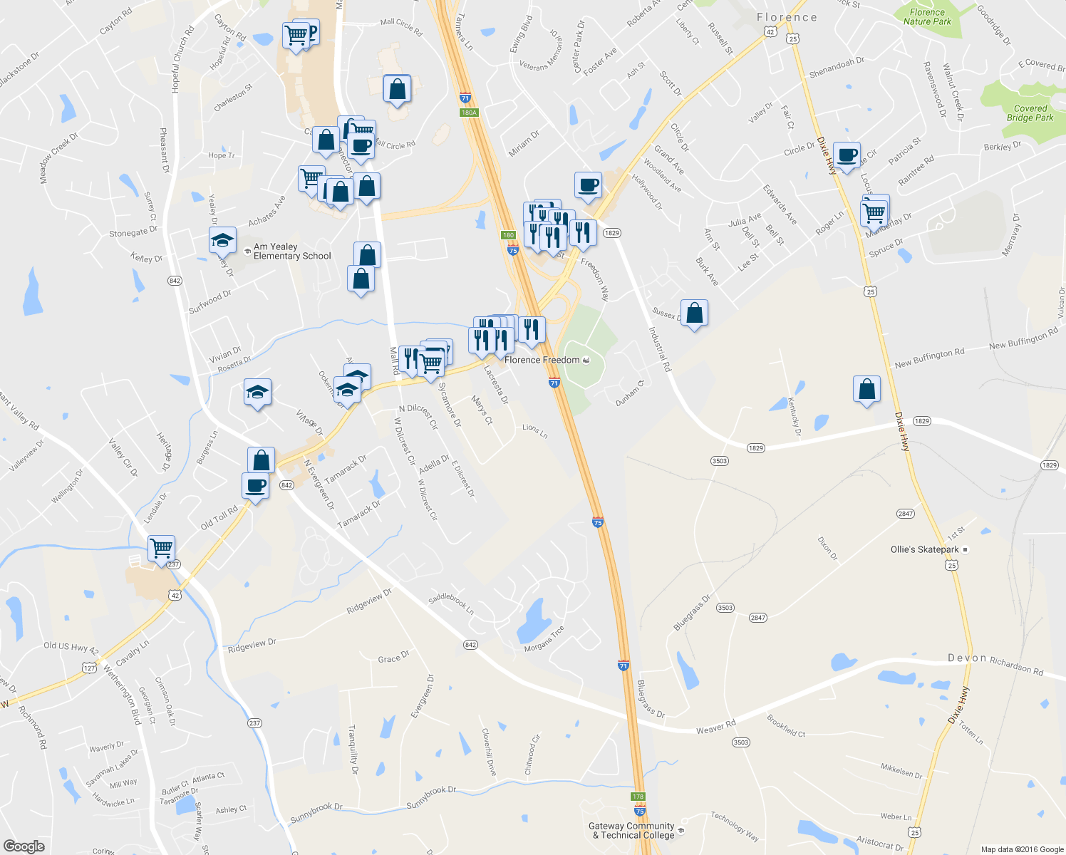map of restaurants, bars, coffee shops, grocery stores, and more near Lions Lane in Florence